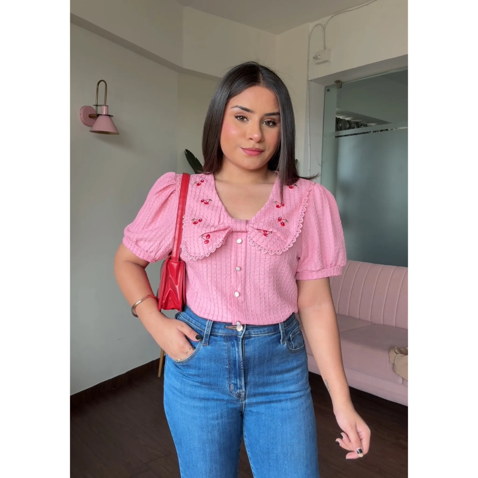 Korean Collar Cherry Detail Puff Sleeves Top
