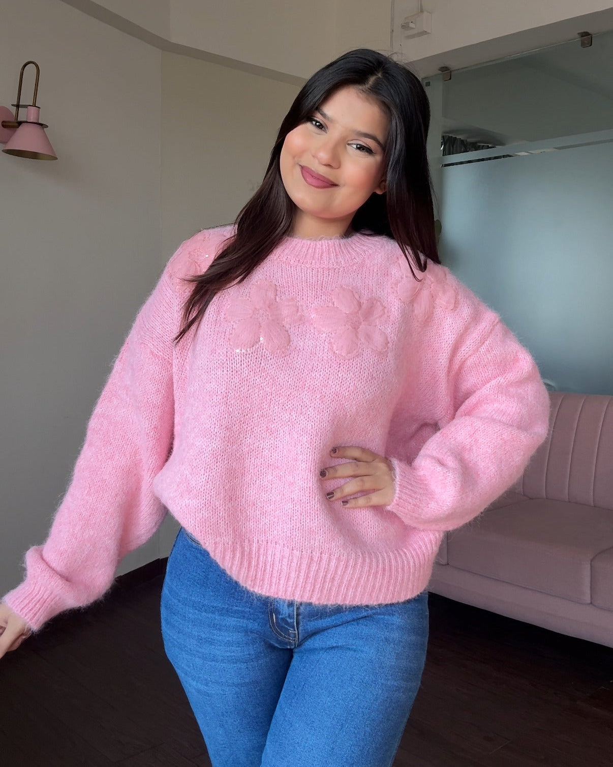 Embellished Flower Detailing Relaxed Fit Woollen Sweater