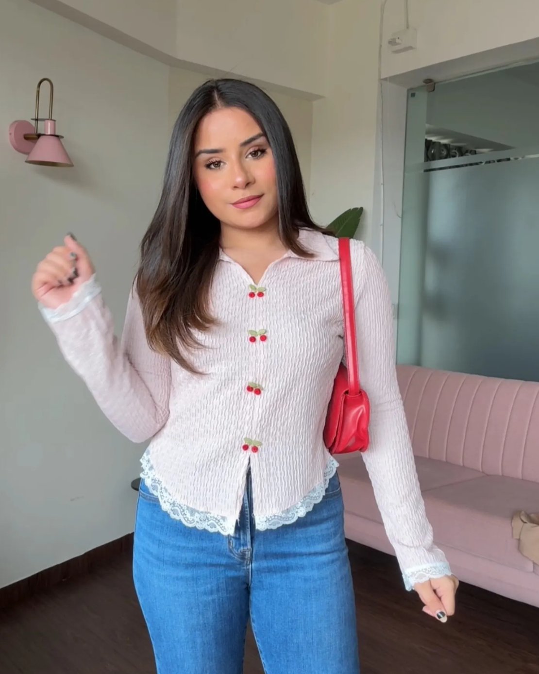 Cherry Detail Textured Collared Top