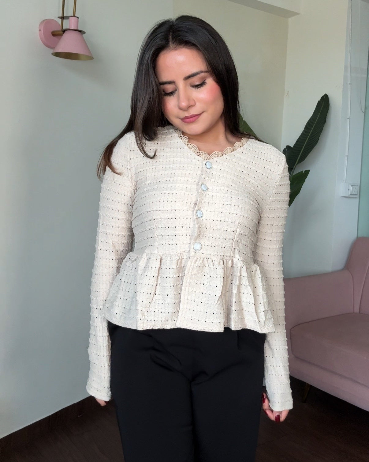 V Neck Lace Detail Peplum Retro Top