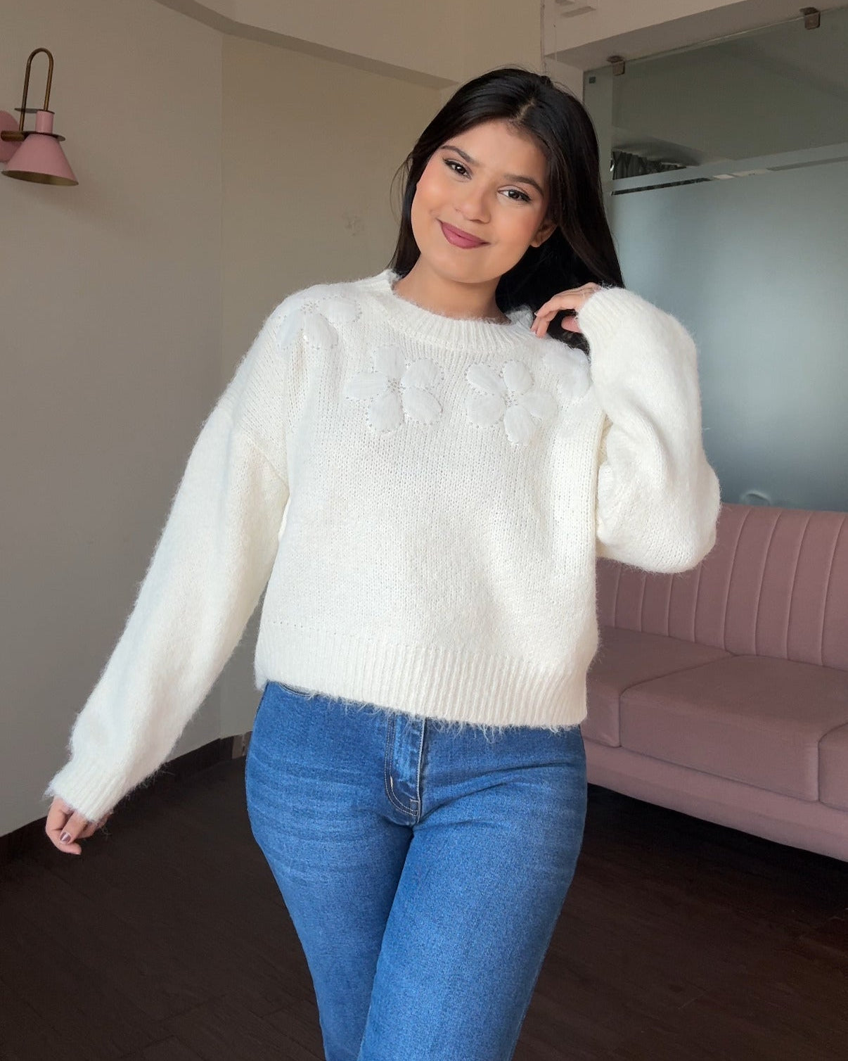 Embellished Flower Detailing Relaxed Fit Woollen Sweater