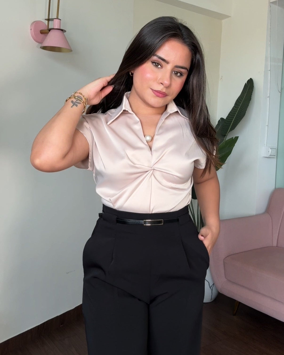 Cut Sleeves Satin Blouse With Pearl Necklace