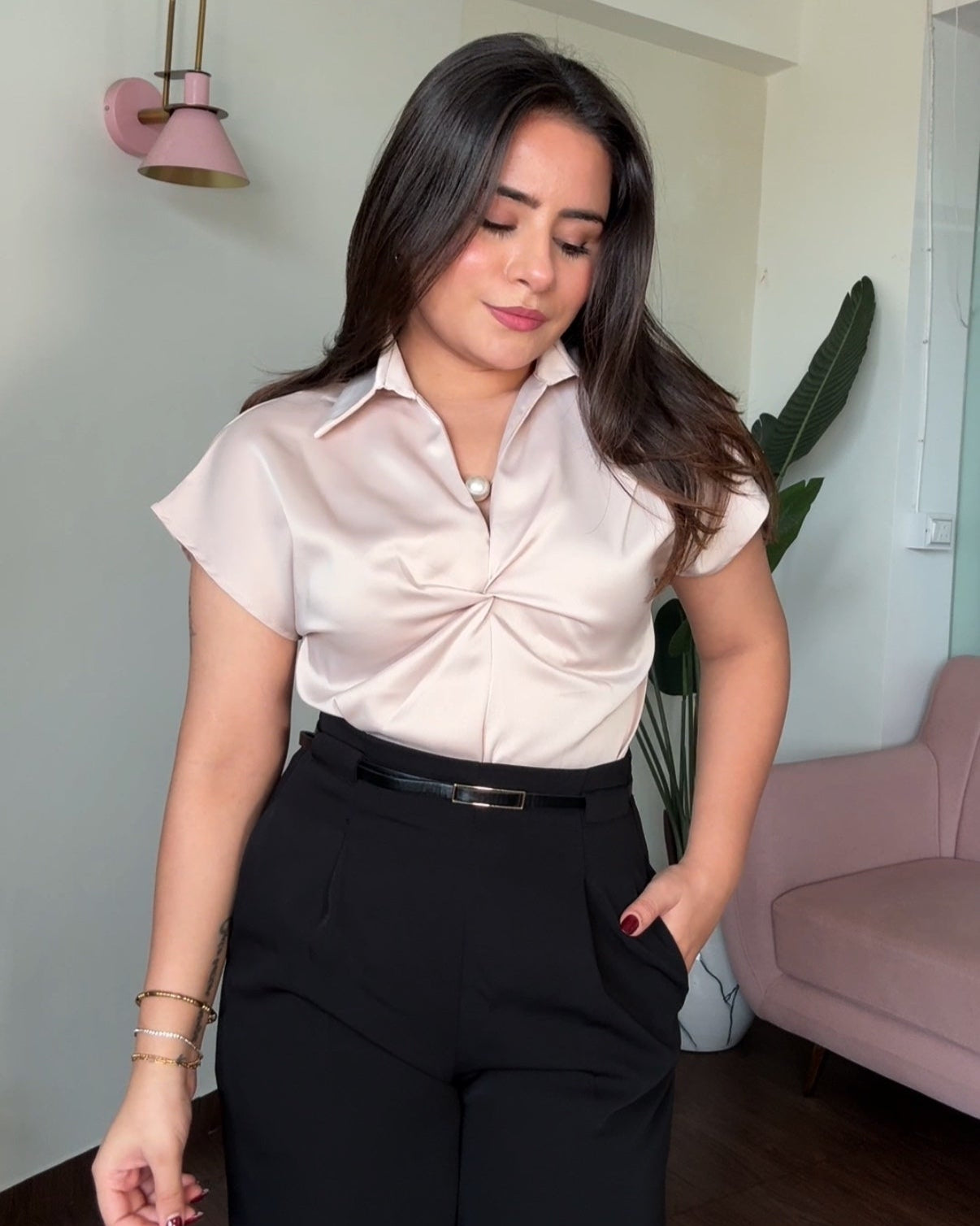 Cut Sleeves Satin Blouse With Pearl Necklace