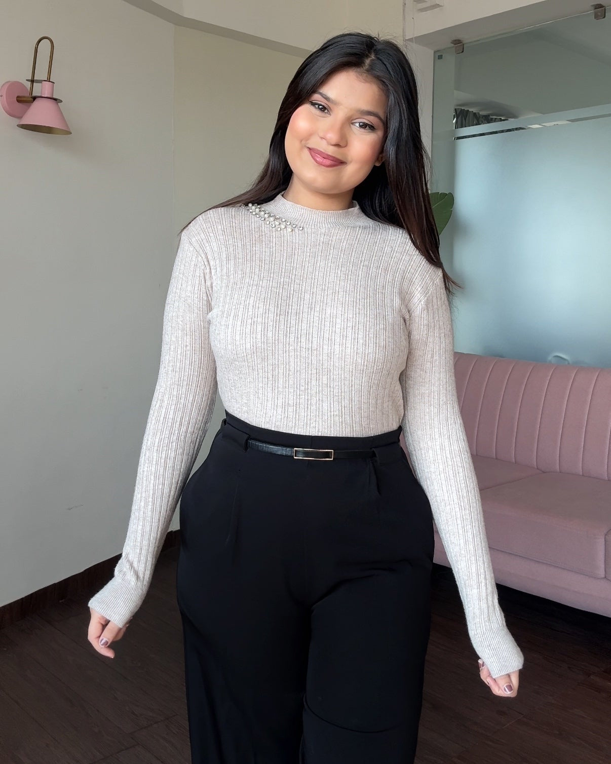 Neck Embellished Ribbed High Neck Top