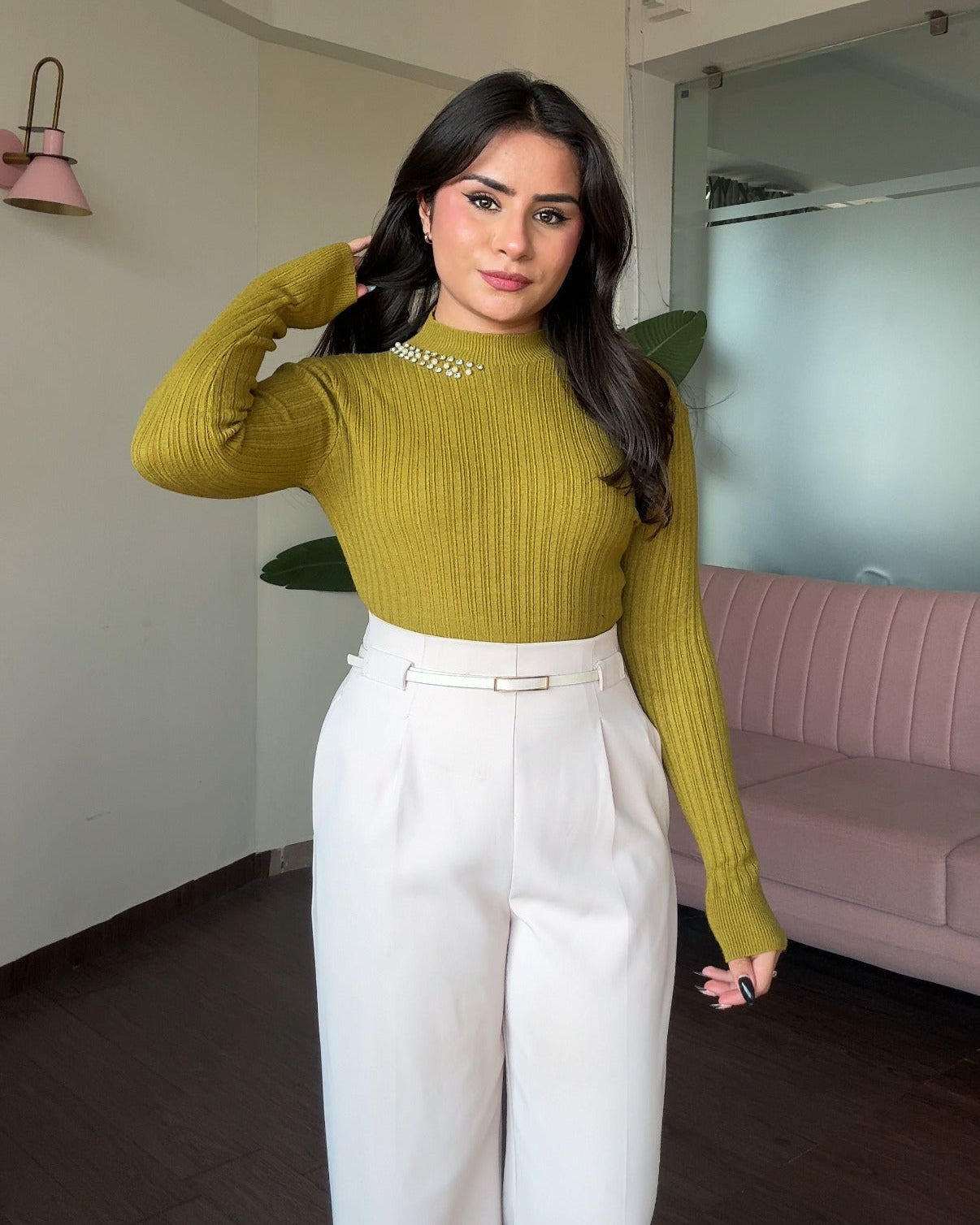 Neck Embellished Ribbed High Neck Top