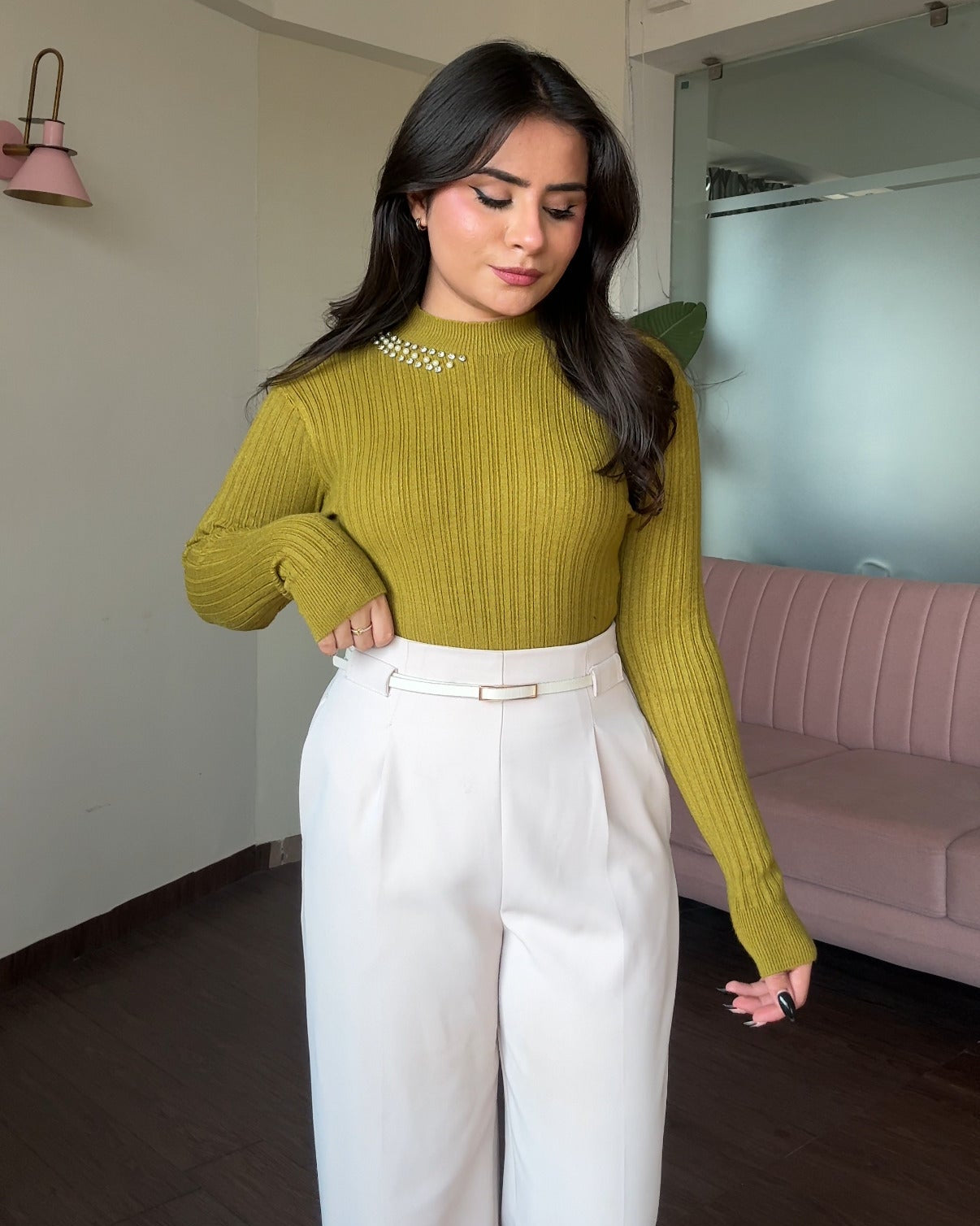 Neck Embellished Ribbed High Neck Top