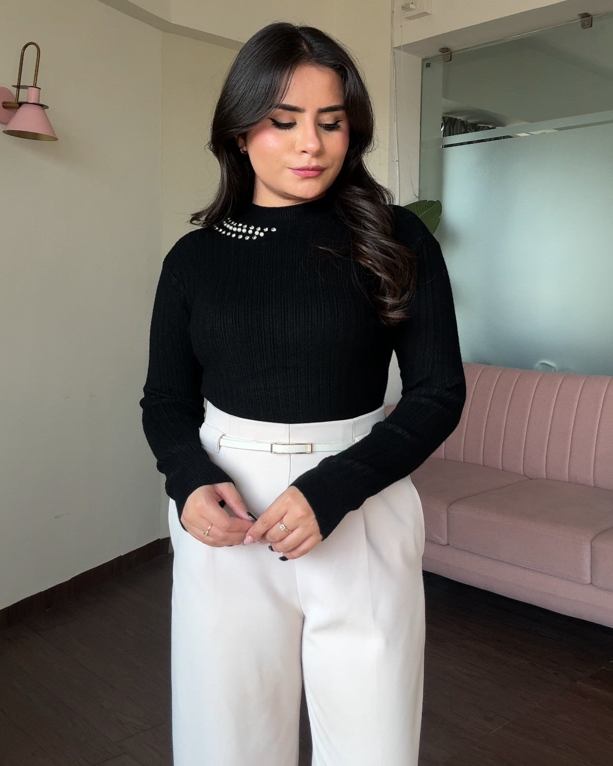 Neck Embellished Ribbed High Neck Top