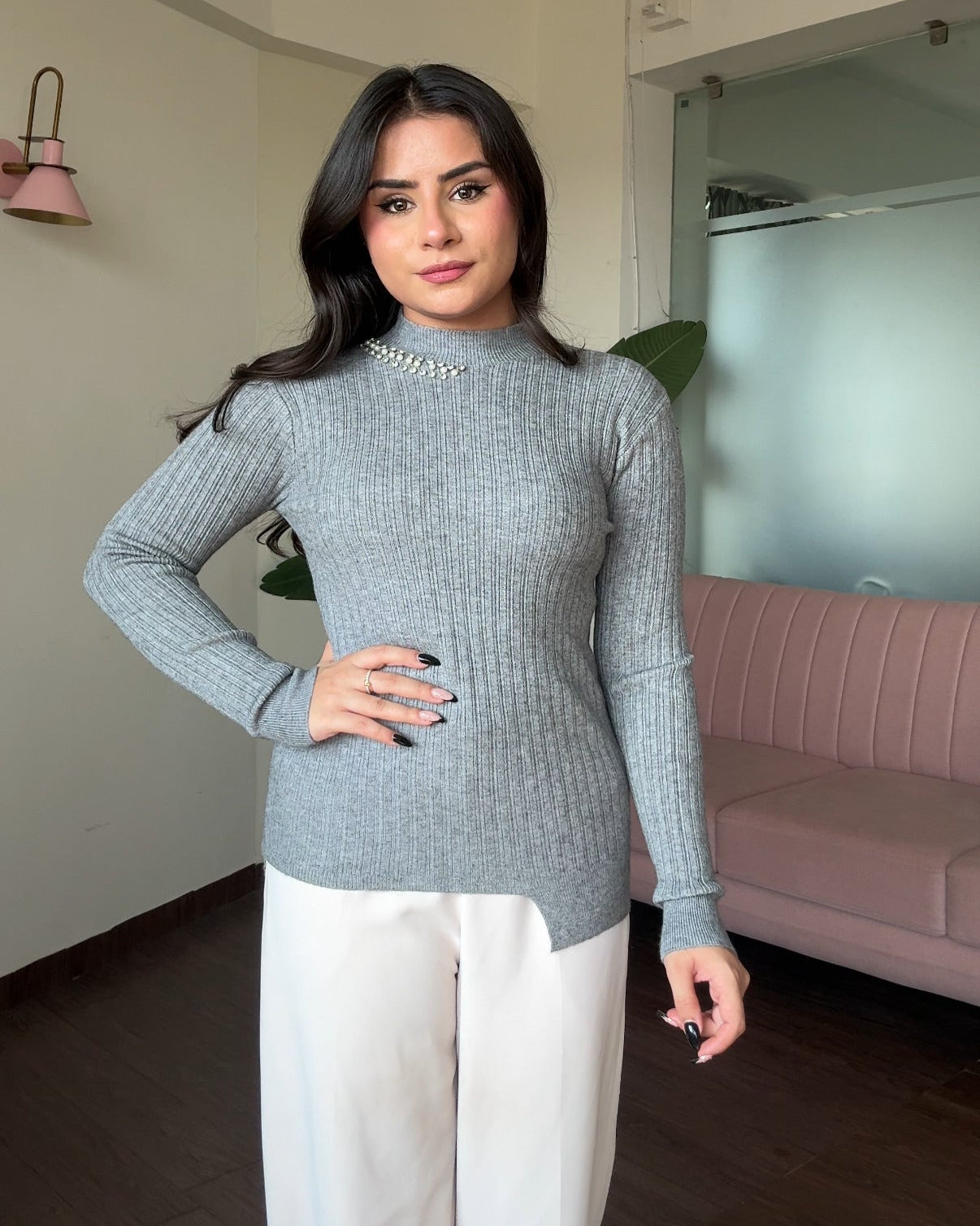 Neck Embellished Ribbed High Neck Top