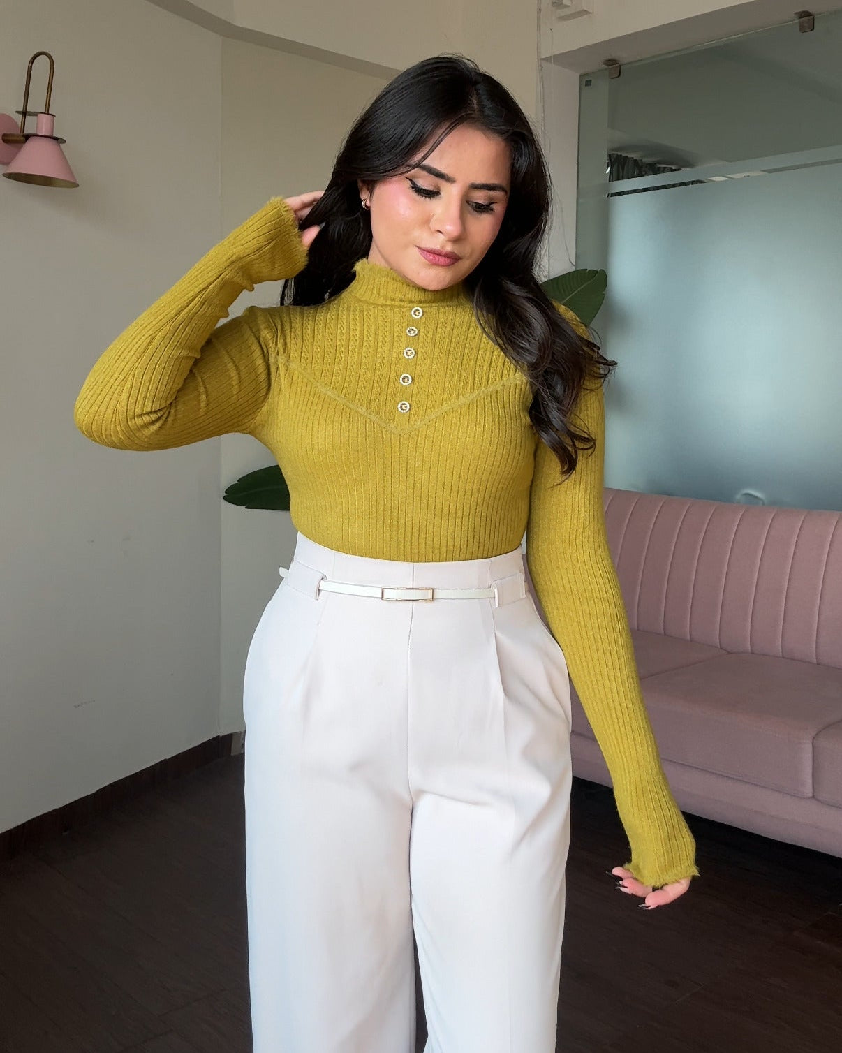 High Neck Button Detailing Fitted Winter Top