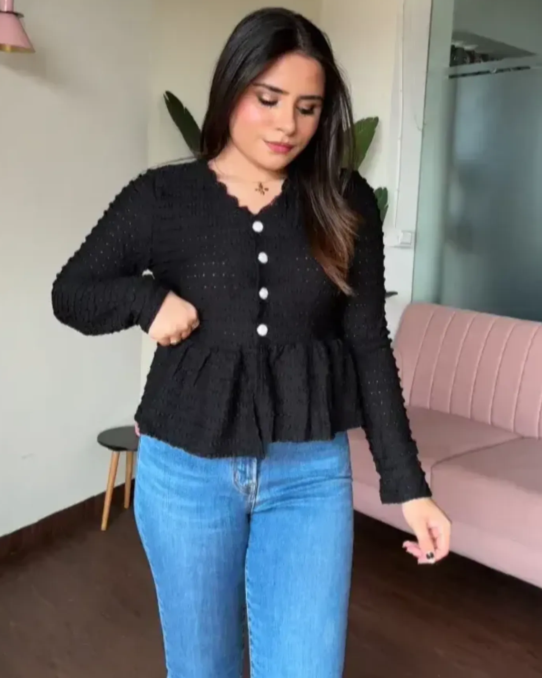 V Neck Lace Detail Peplum Retro Top