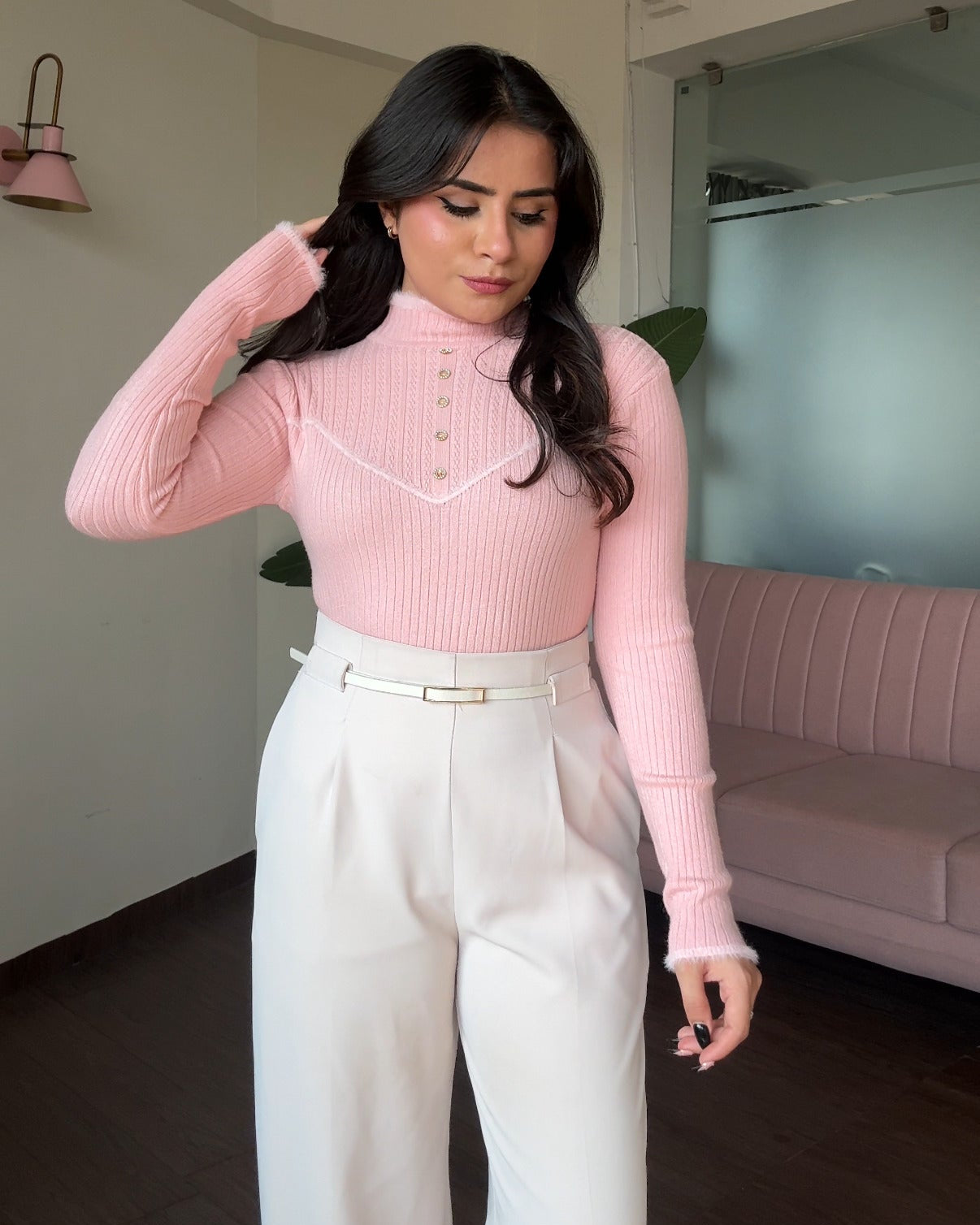 High Neck Button Detailing Fitted Winter Top