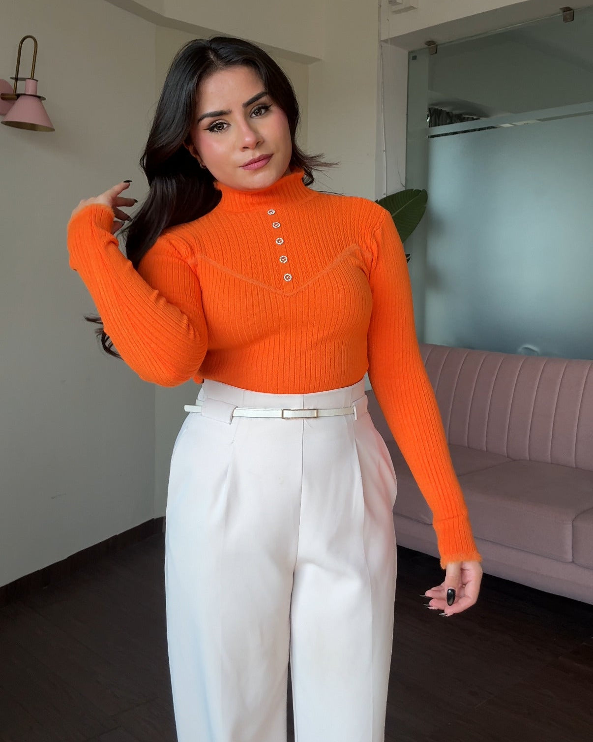 High Neck Button Detailing Fitted Winter Top