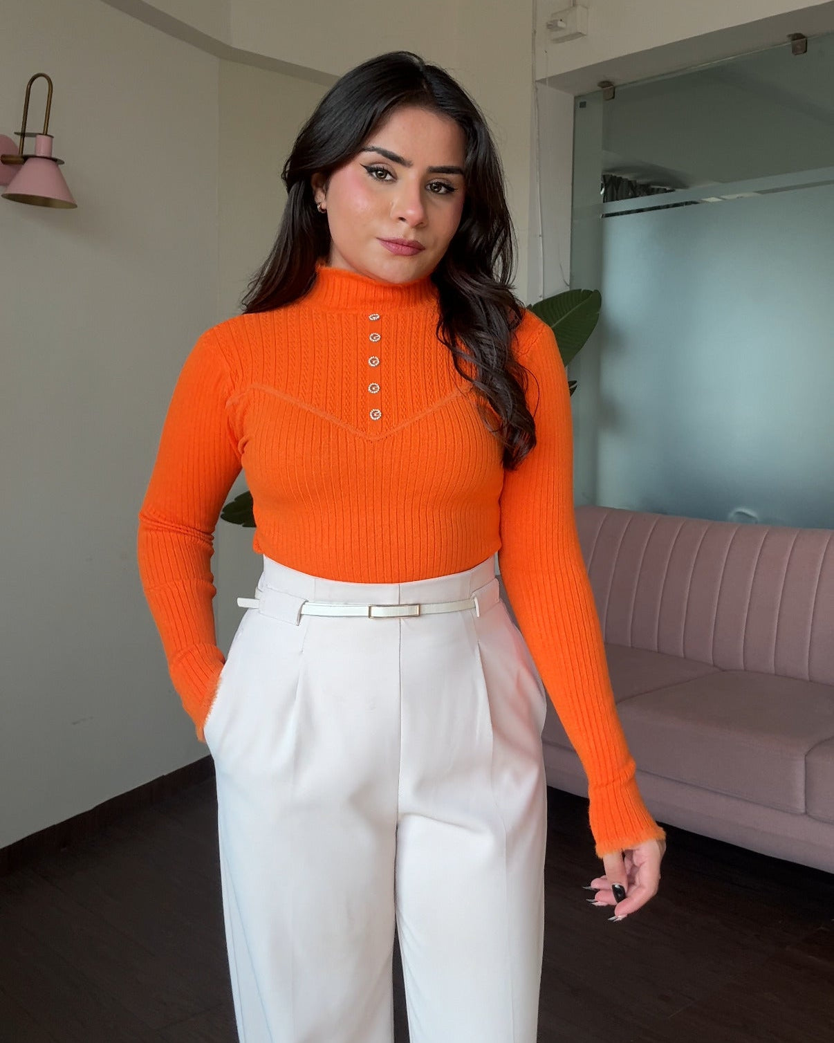 High Neck Button Detailing Fitted Winter Top