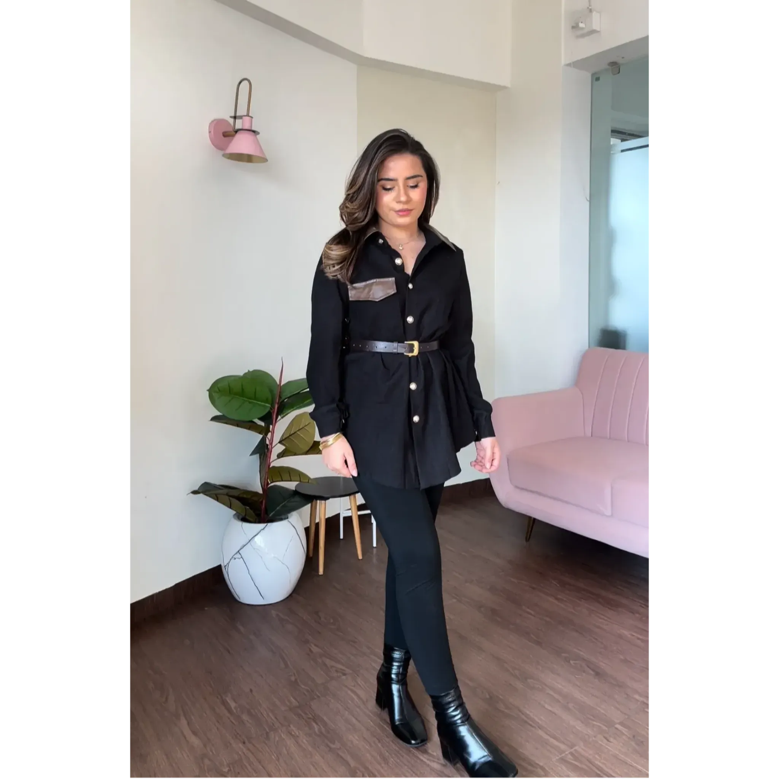 Leather Detailing Thick Winter Shirt With Belt