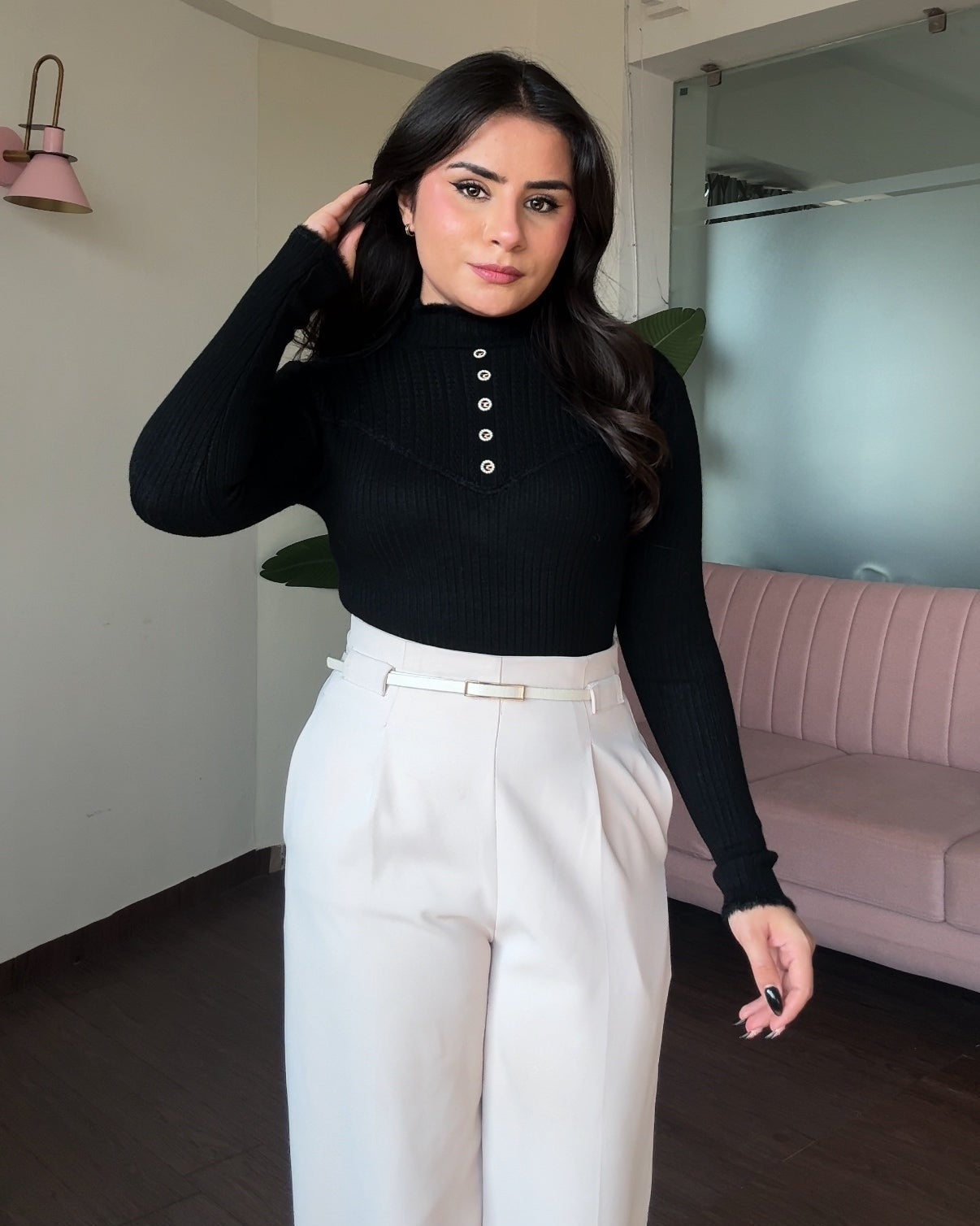 High Neck Button Detailing Fitted Winter Top