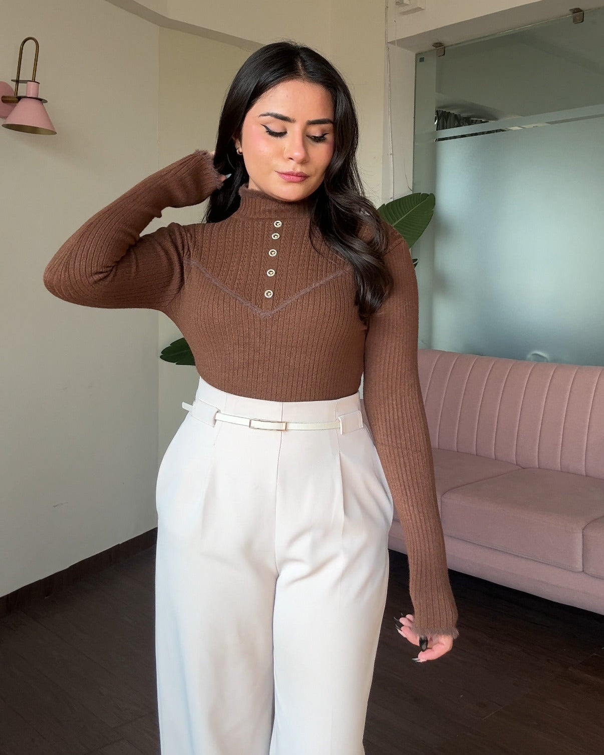 High Neck Button Detailing Fitted Winter Top