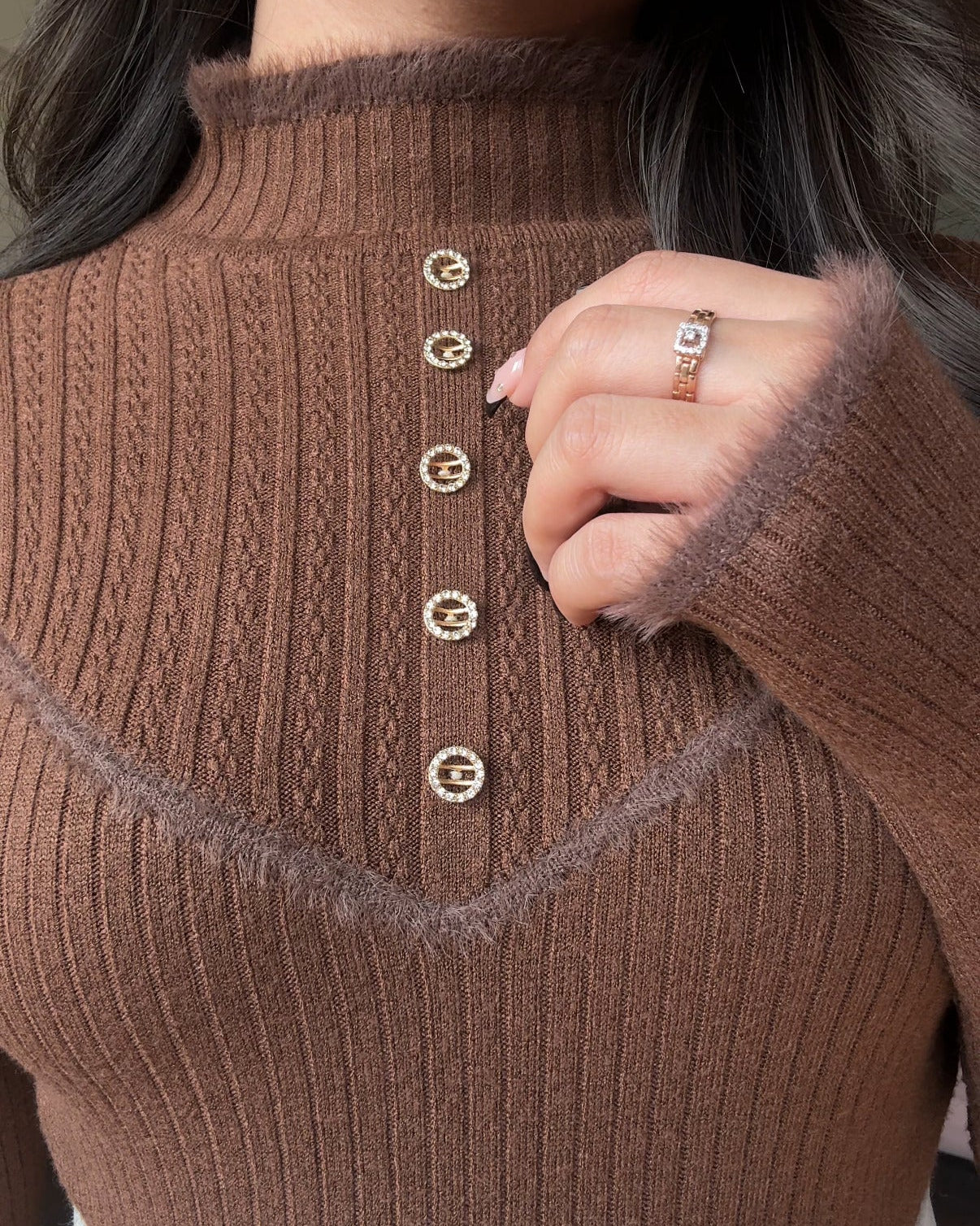 High Neck Button Detailing Fitted Winter Top