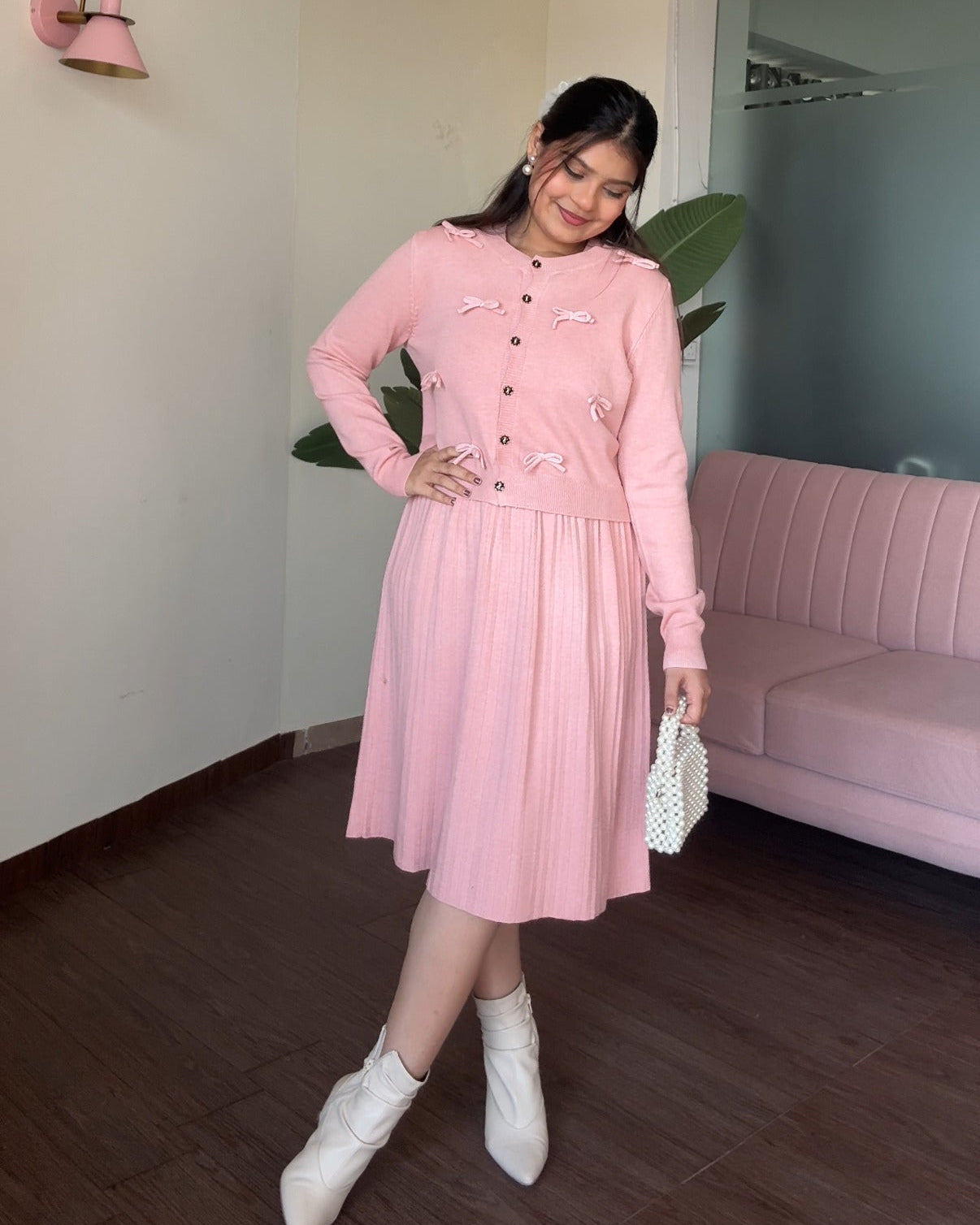 Bow Cardigan Detailing Winter Midi Dress