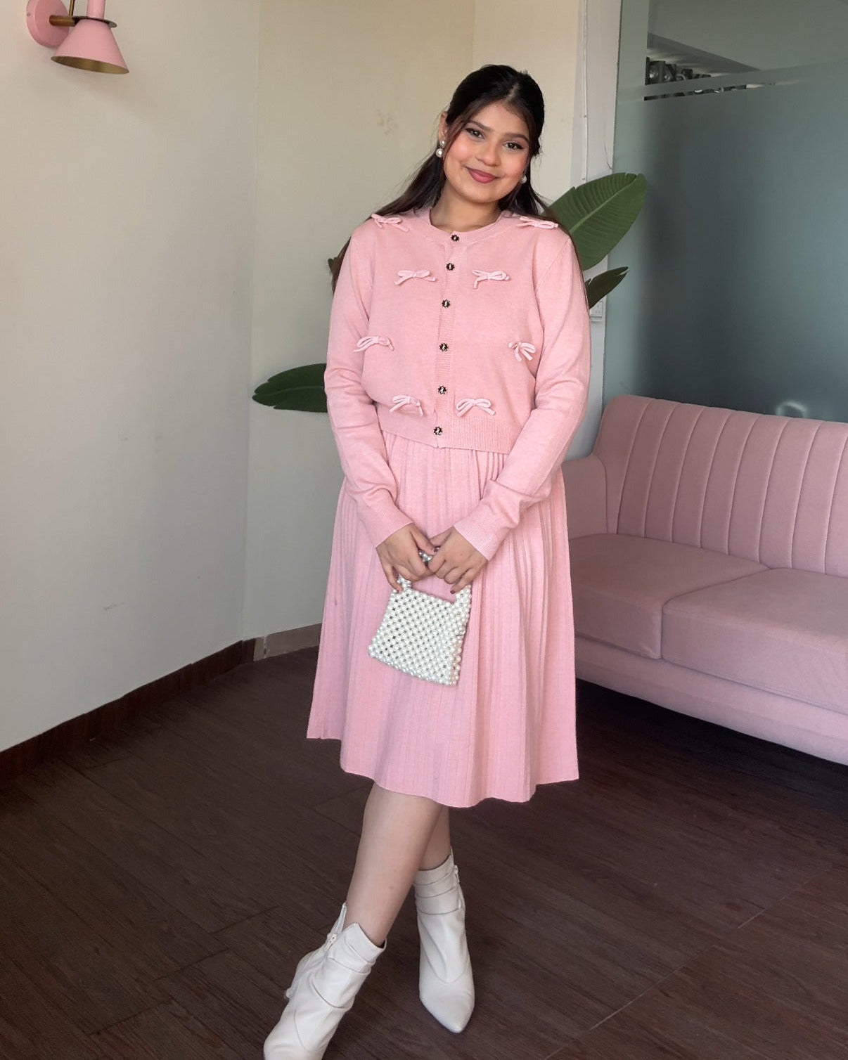 Bow Cardigan Detailing Winter Midi Dress