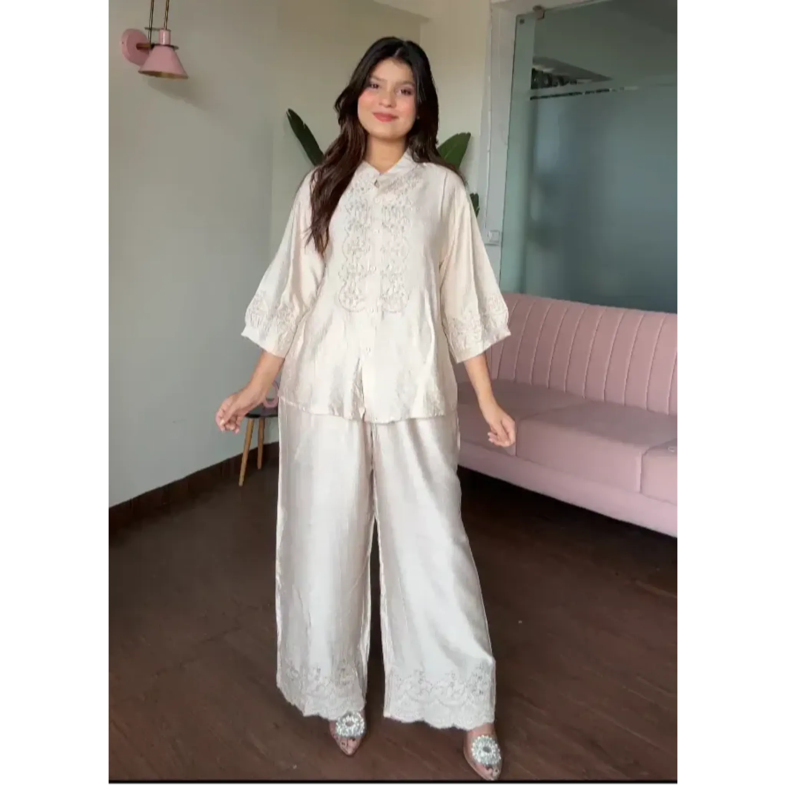 Embroidery Cotton Monochrome Wide Leg Co-Ord Set
