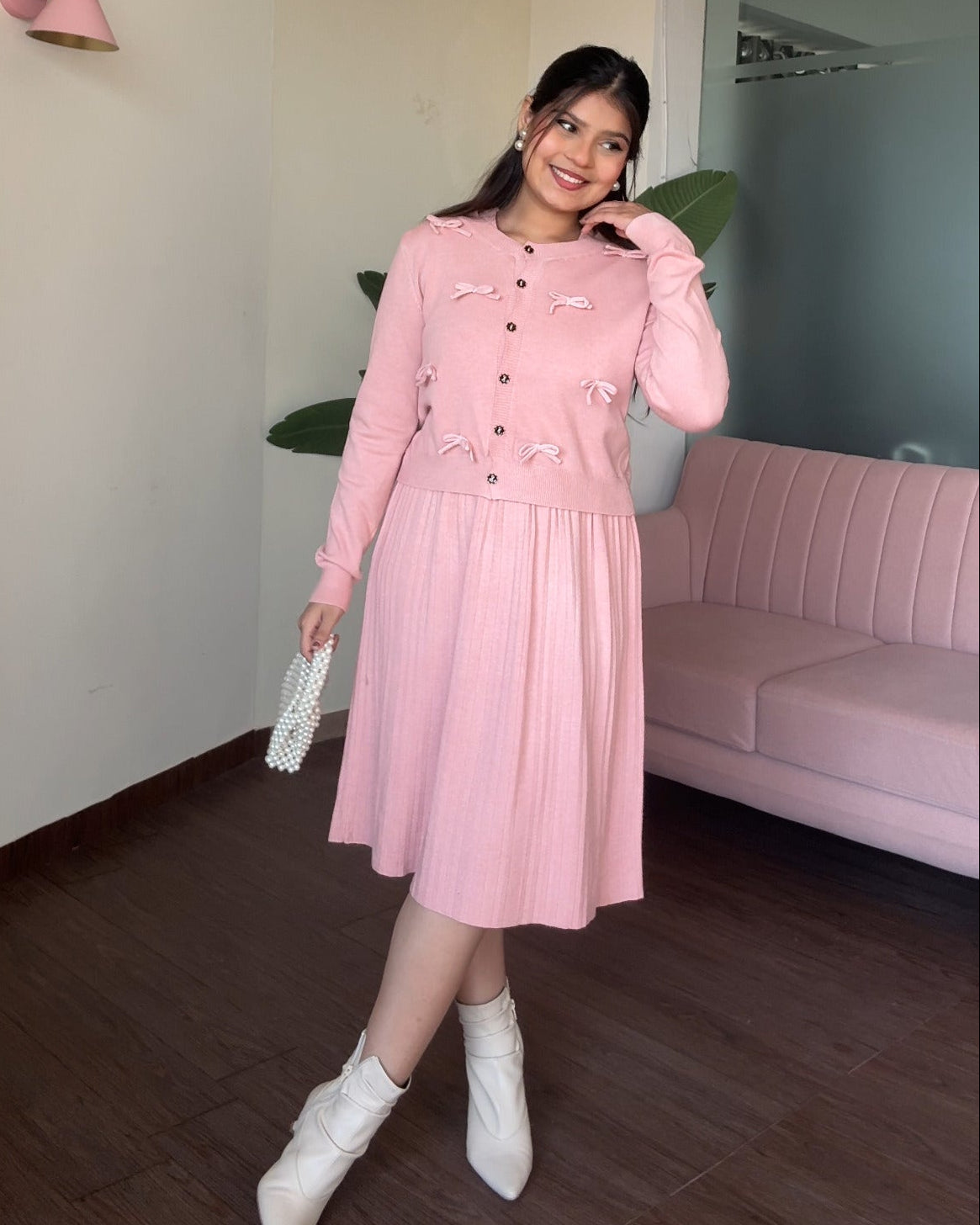 Bow Cardigan Detailing Winter Midi Dress