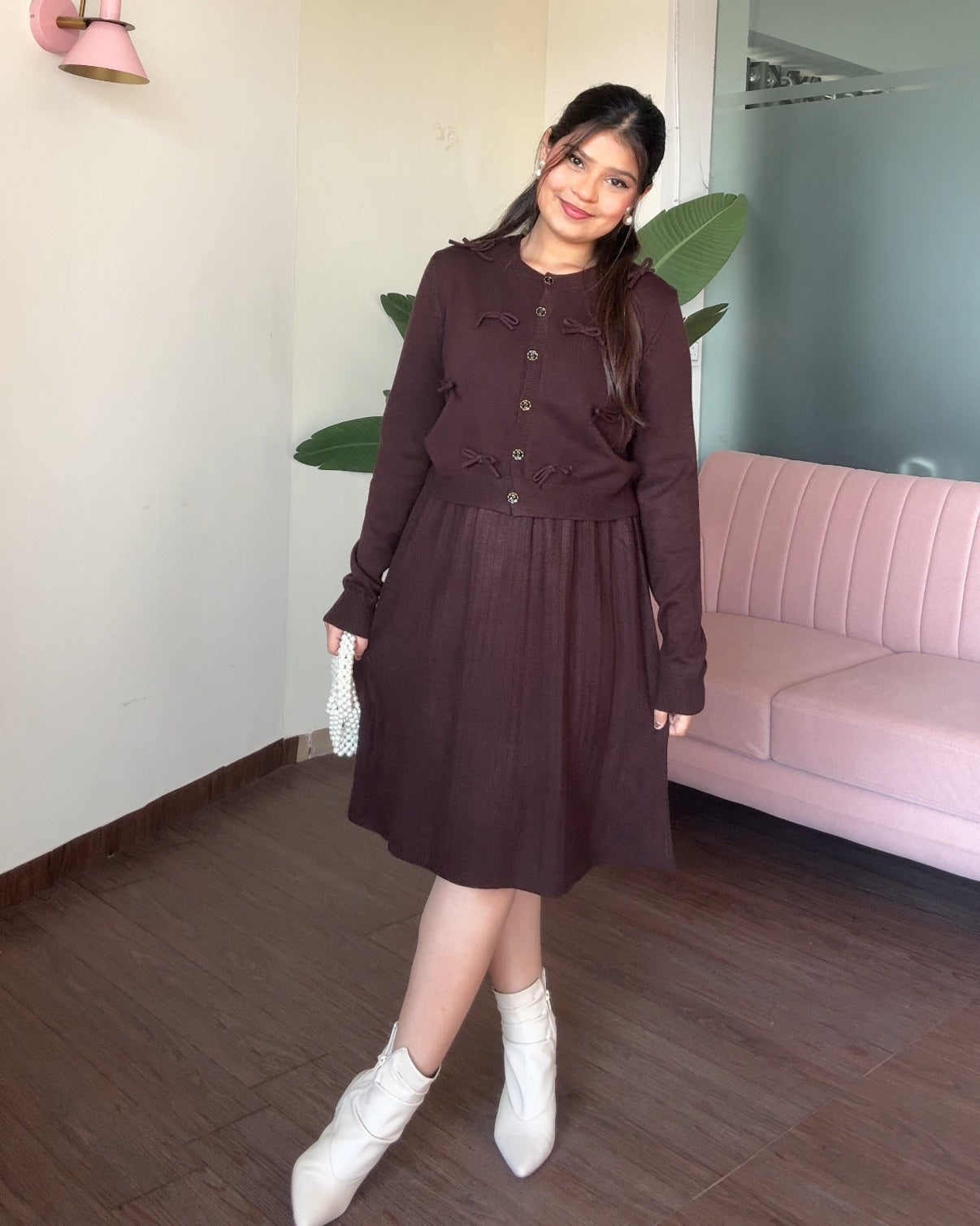 Bow Cardigan Detailing Winter Midi Dress