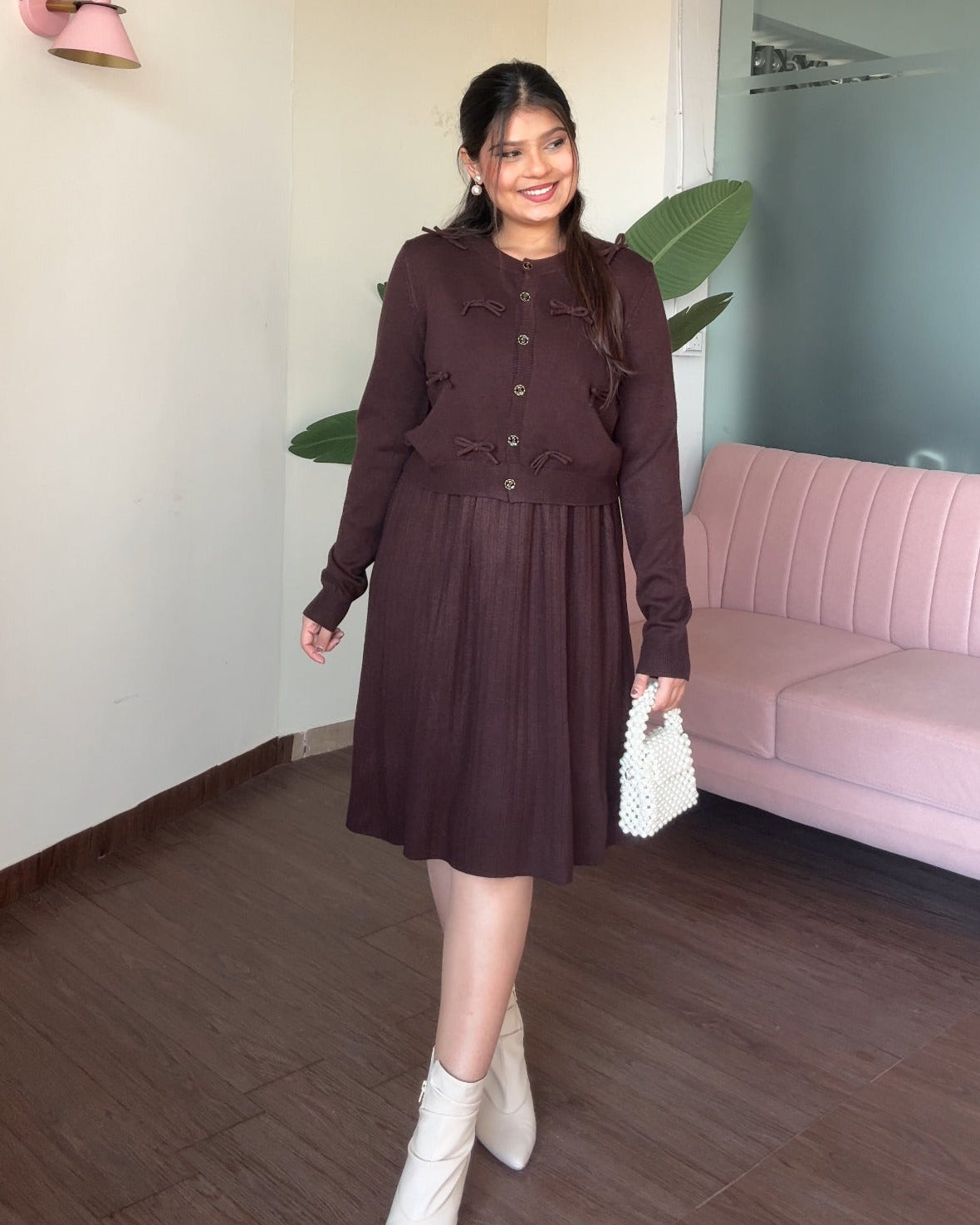 Bow Cardigan Detailing Winter Midi Dress