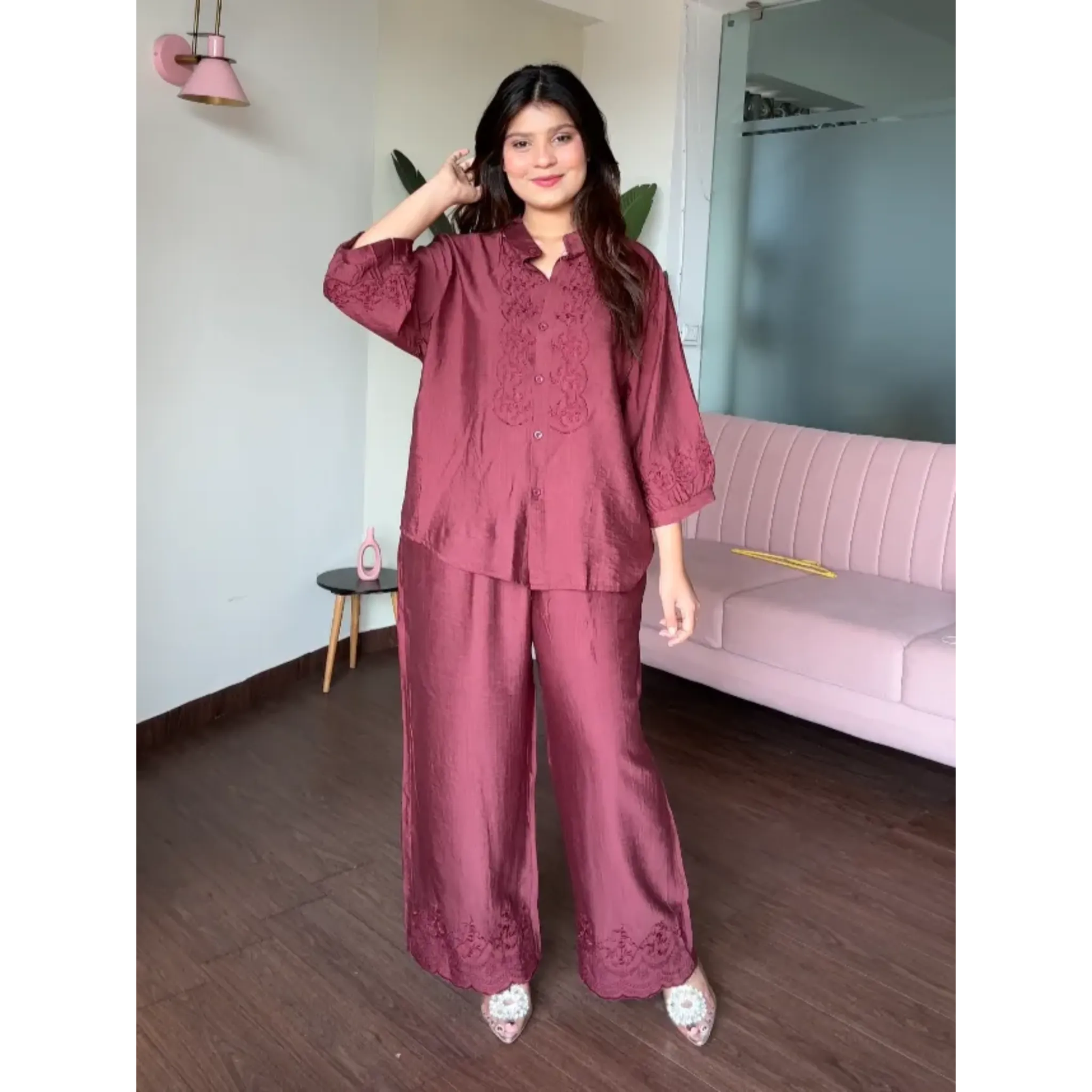 Embroidery Cotton Monochrome Wide Leg Co-Ord Set