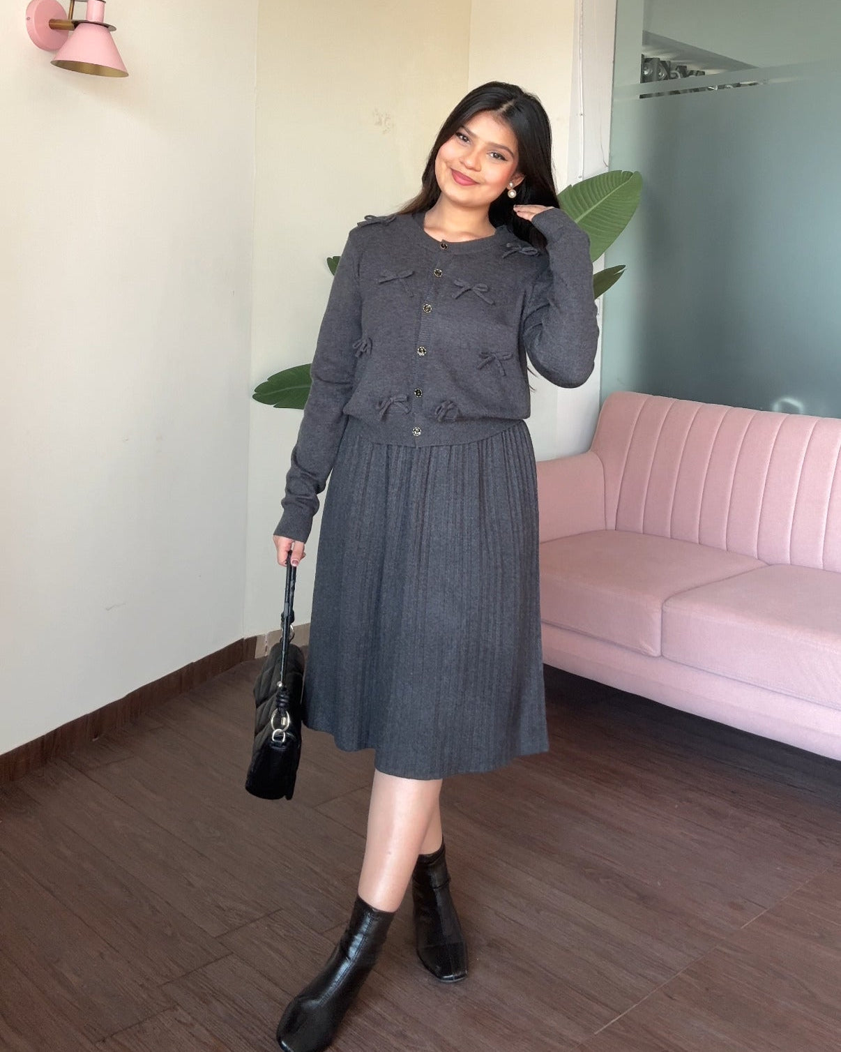 Bow Cardigan Detailing Winter Midi Dress