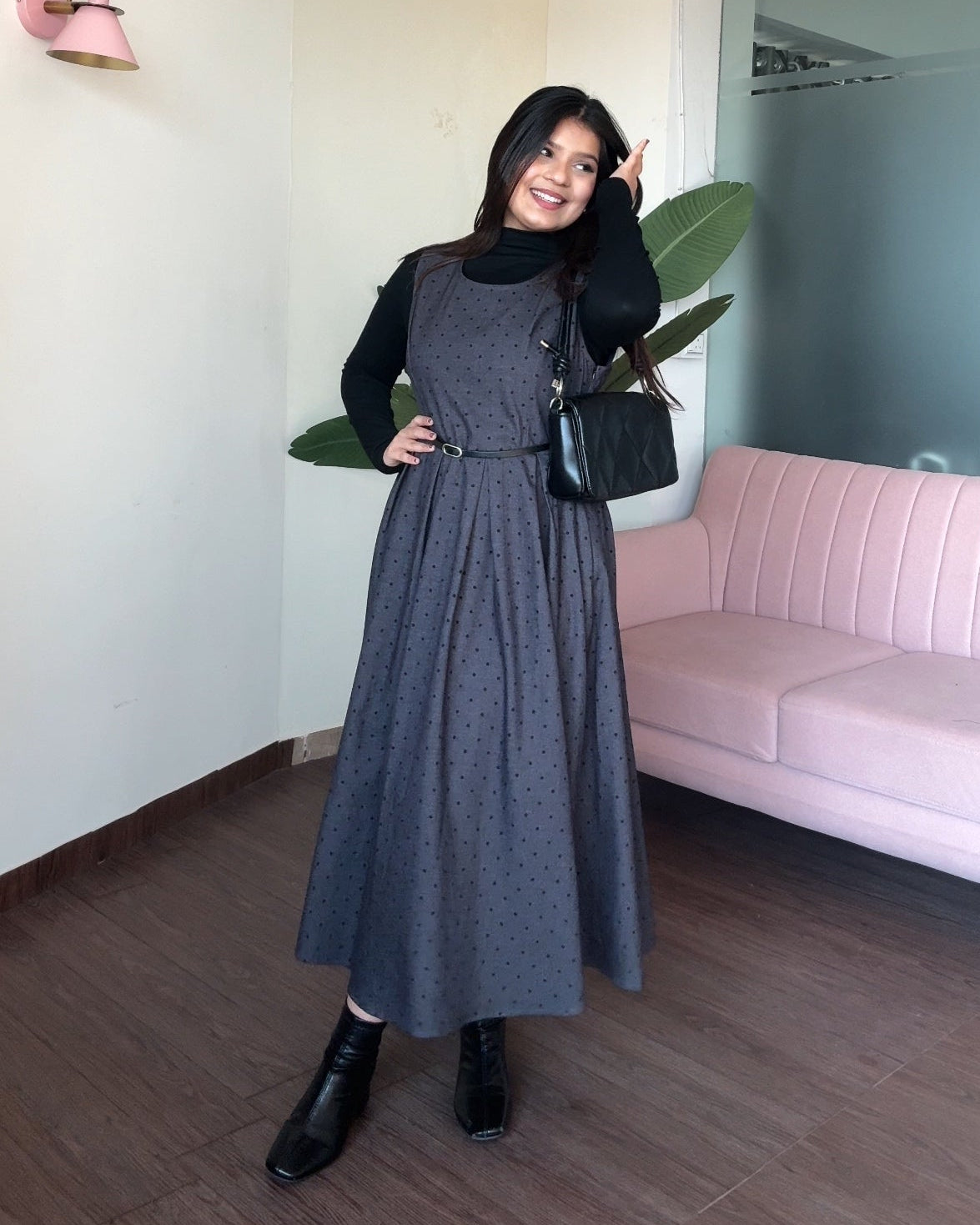 Polka Dot Detailing 3 Piece Winter Dress With Inner