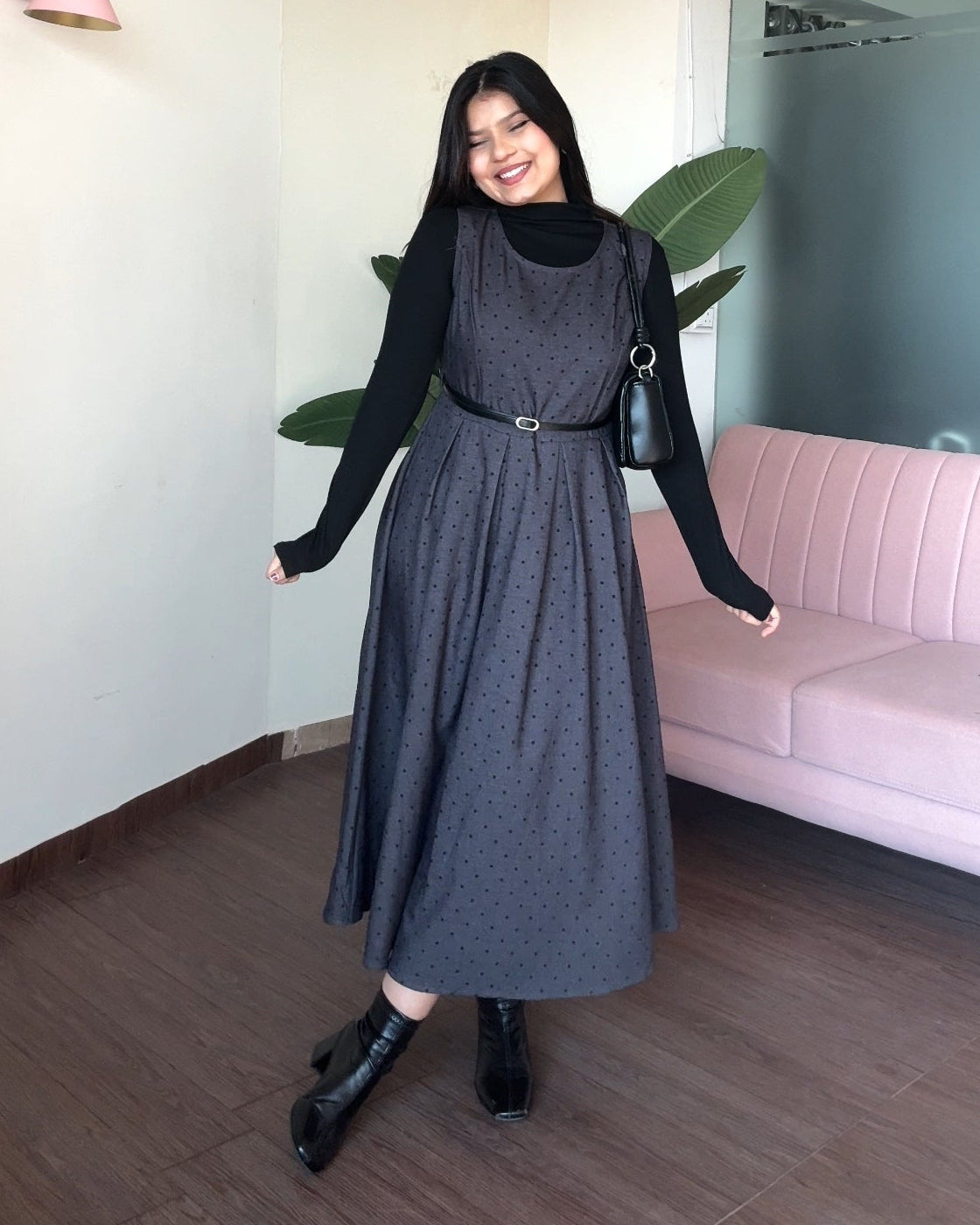 Polka Dot Detailing 3 Piece Winter Dress With Inner