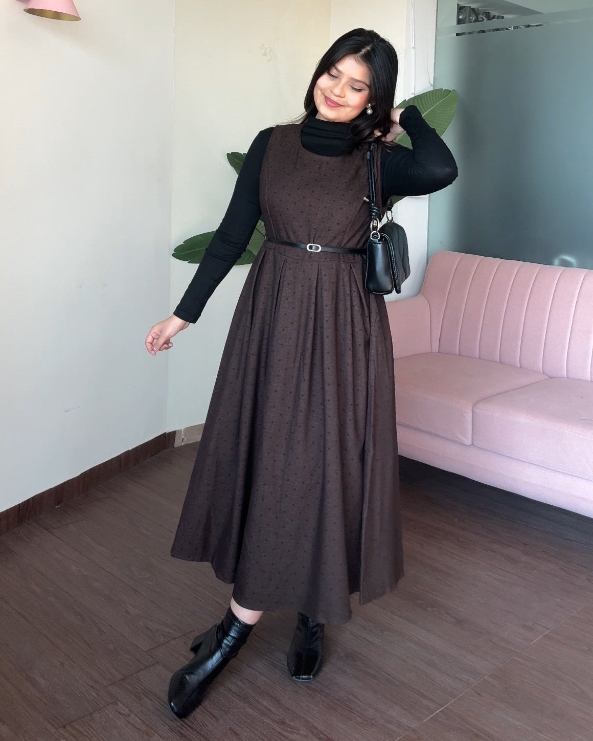 Polka Dot Detailing 3 Piece Winter Dress With Inner