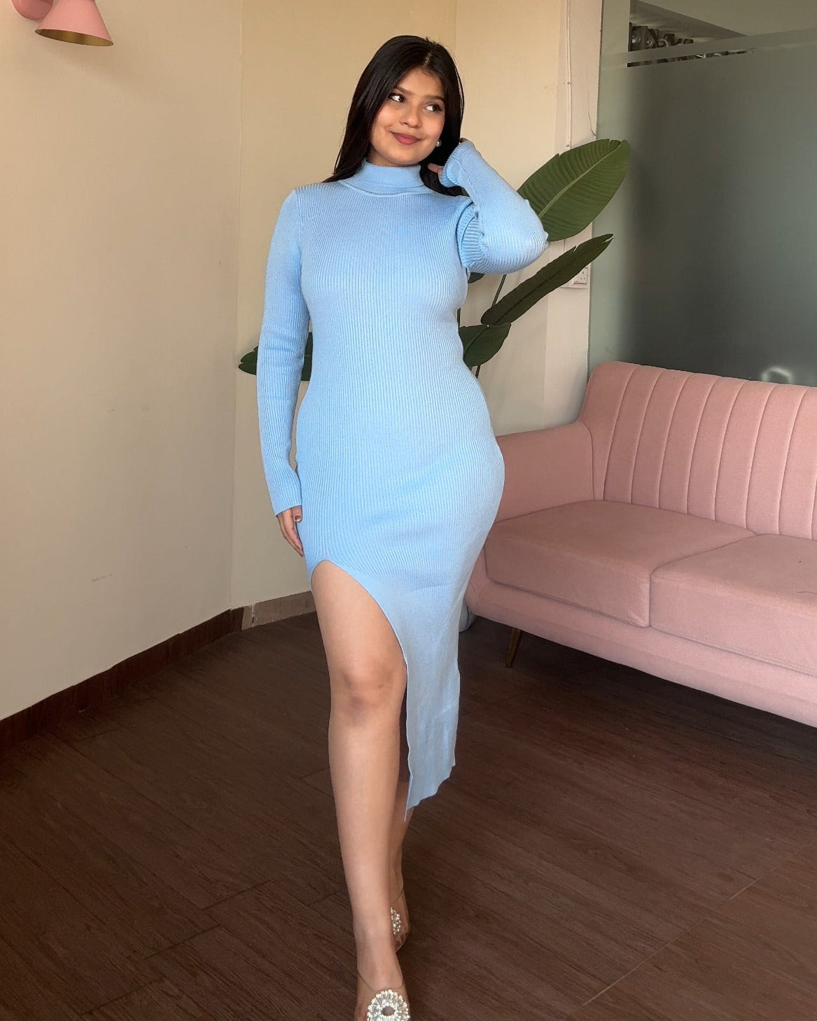 High Neck Bodycon Dress With Slit