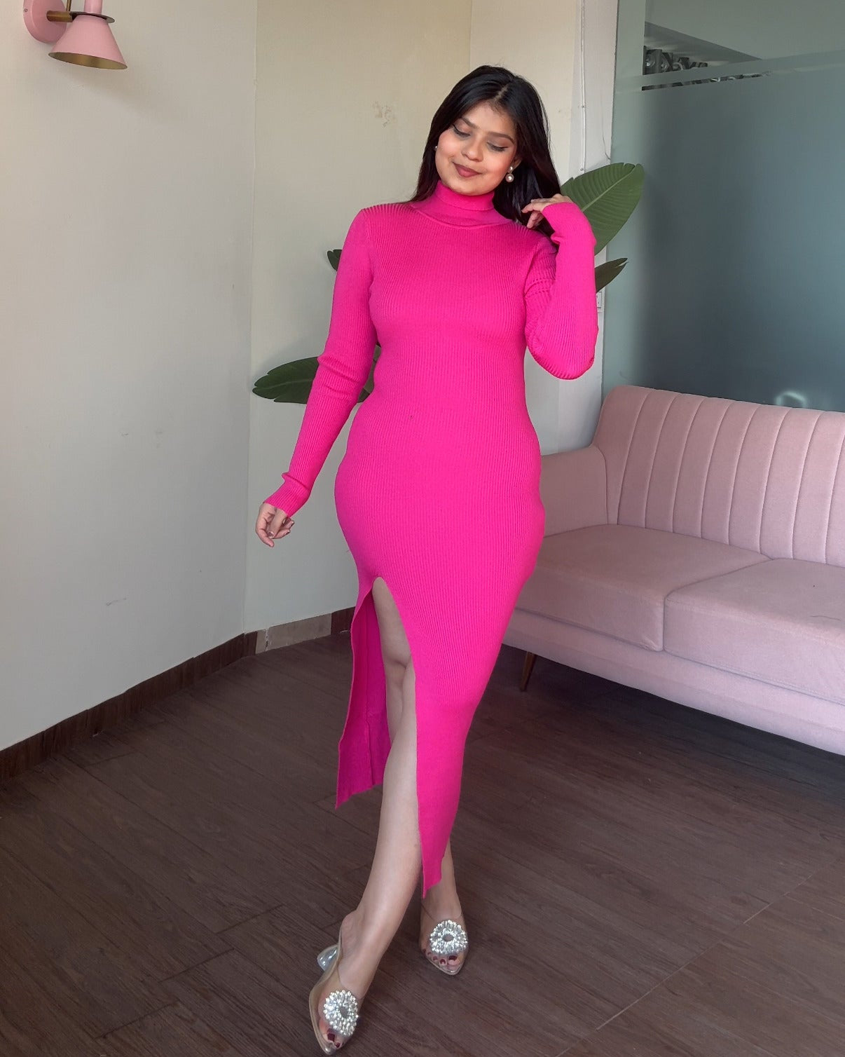 High Neck Bodycon Dress With Slit