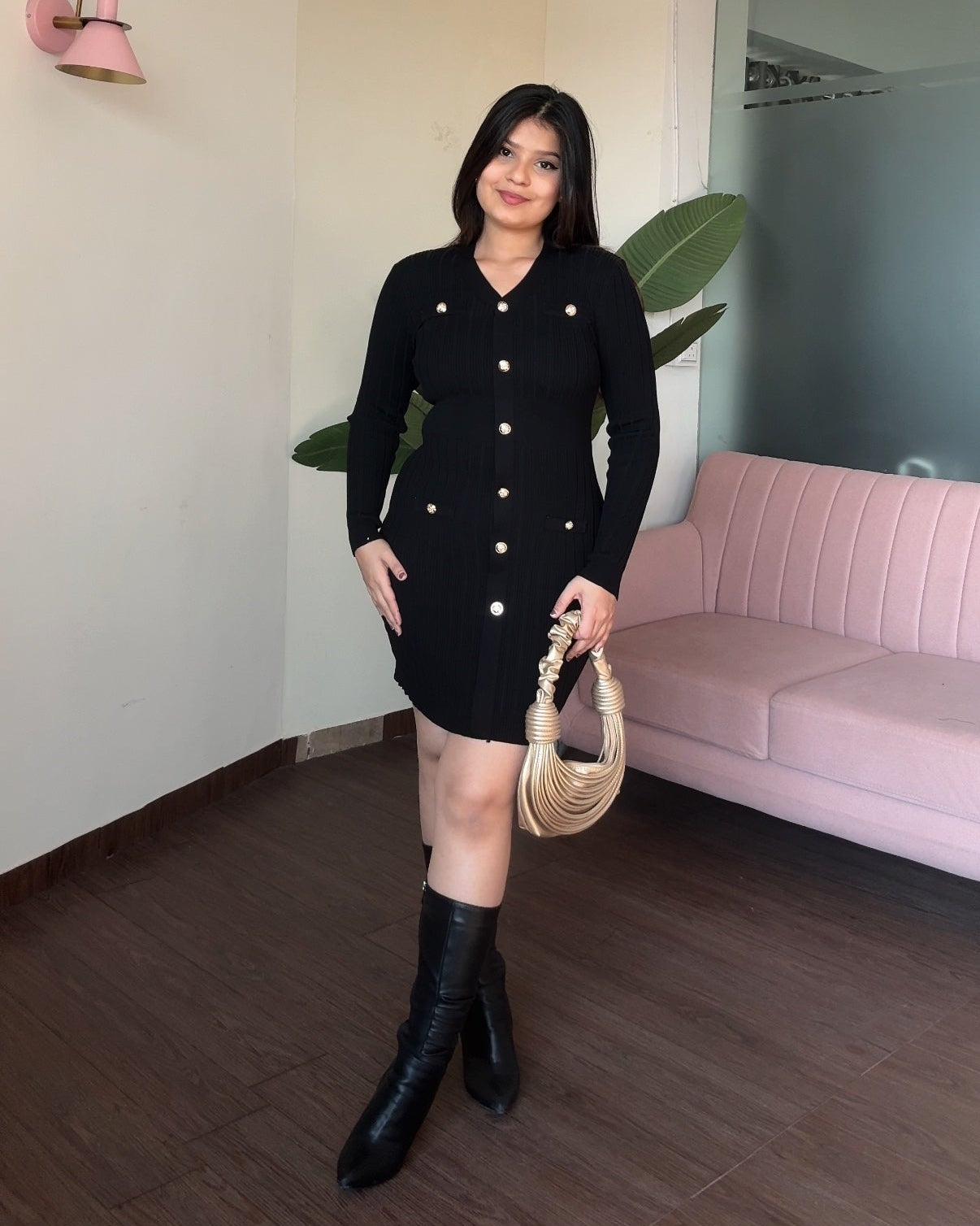 Silver Button V Neck Ribbed Winter Dress