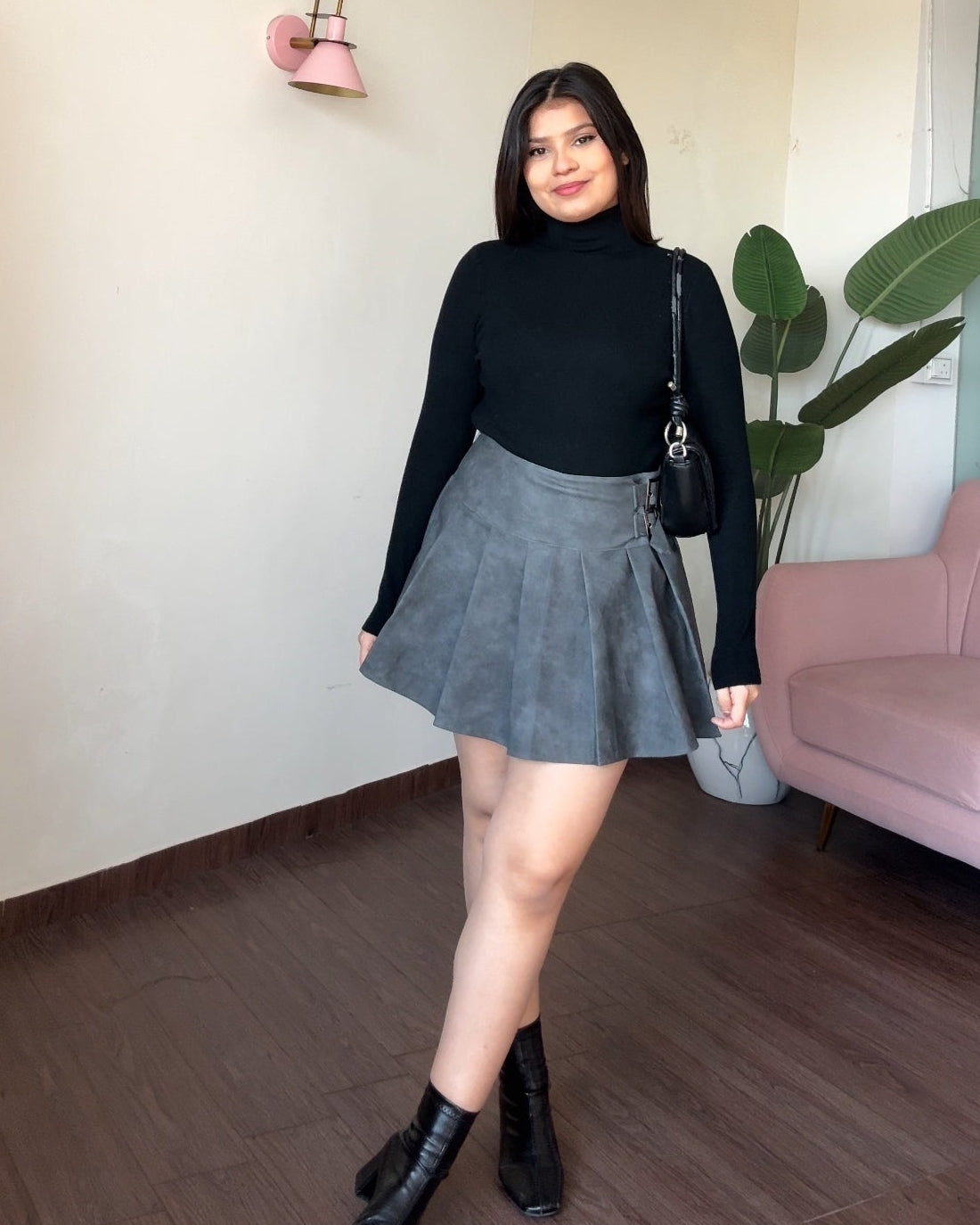 Leather Dual Belted Mini Pleated Skirt