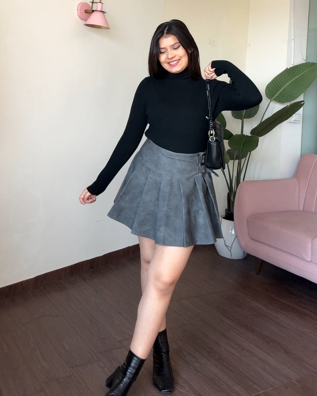 Leather Dual Belted Mini Pleated Skirt