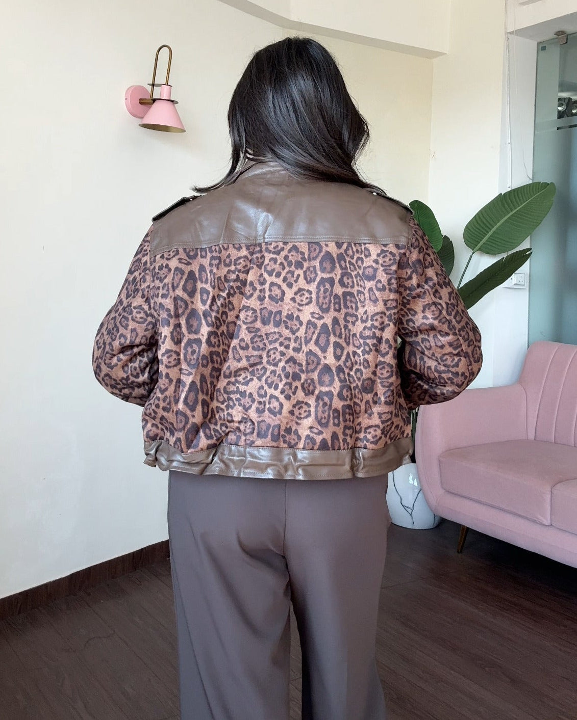Leather Detailing Cheetah Printed Premium Jacket