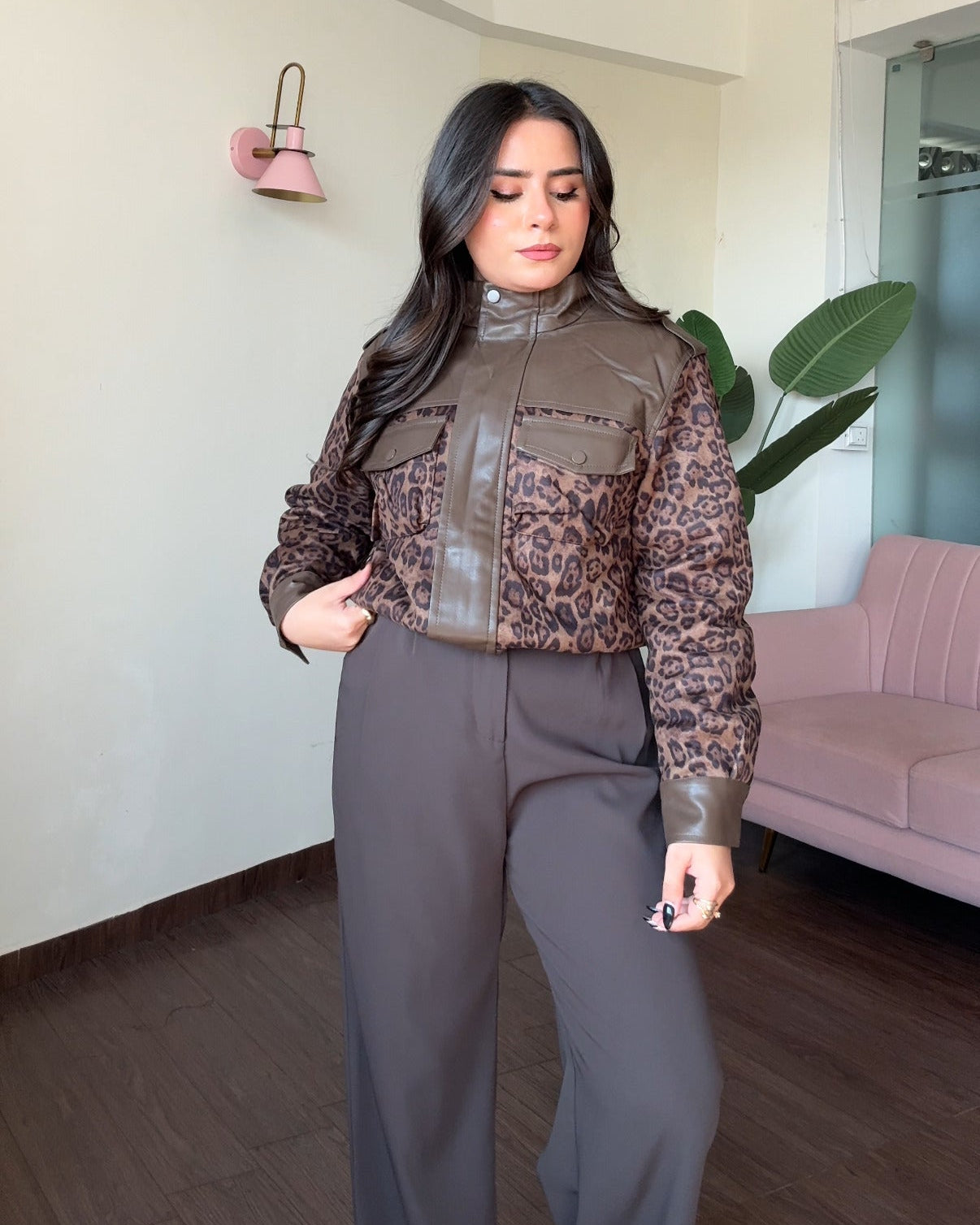 Leather Detailing Cheetah Printed Premium Jacket