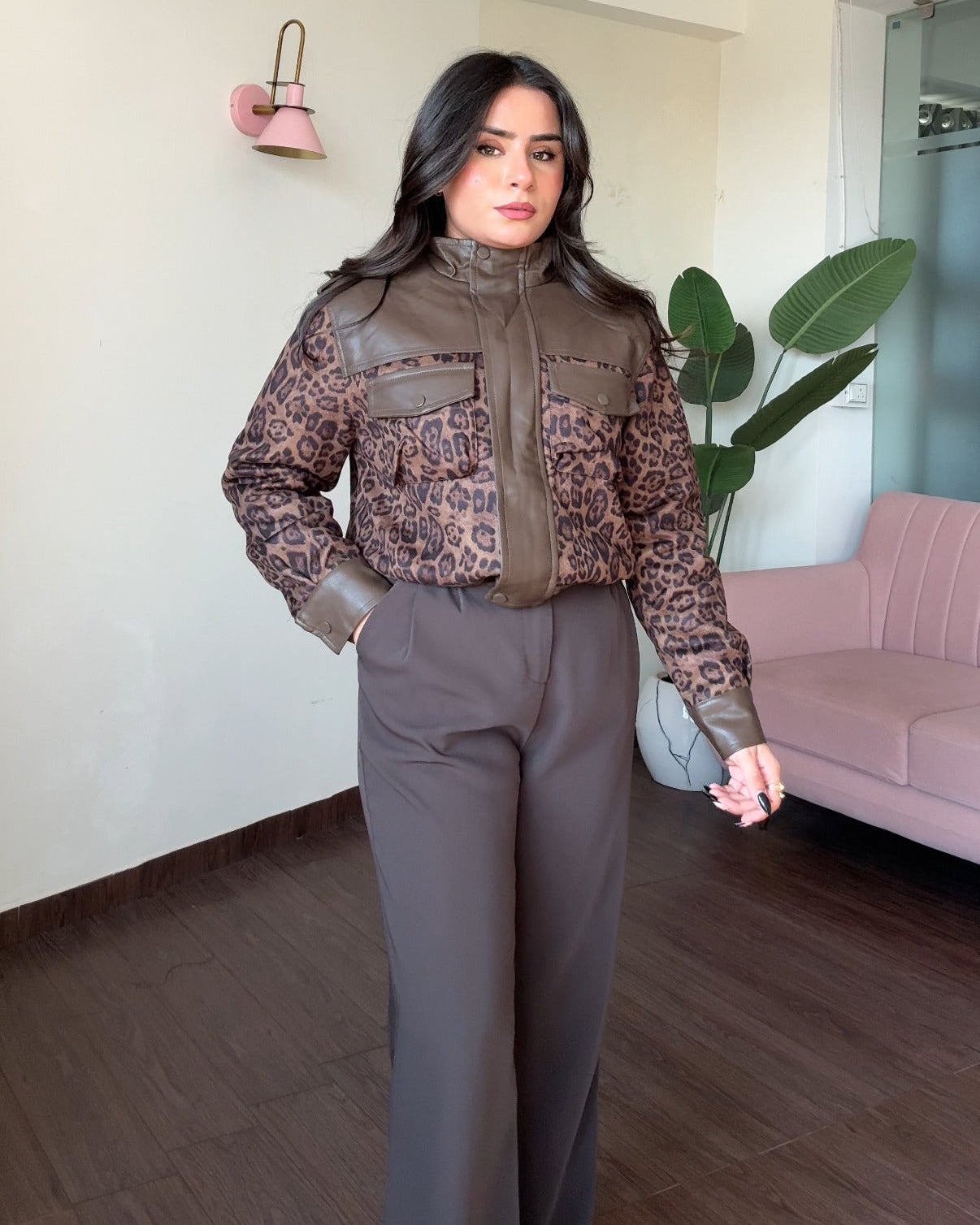 Leather Detailing Cheetah Printed Premium Jacket