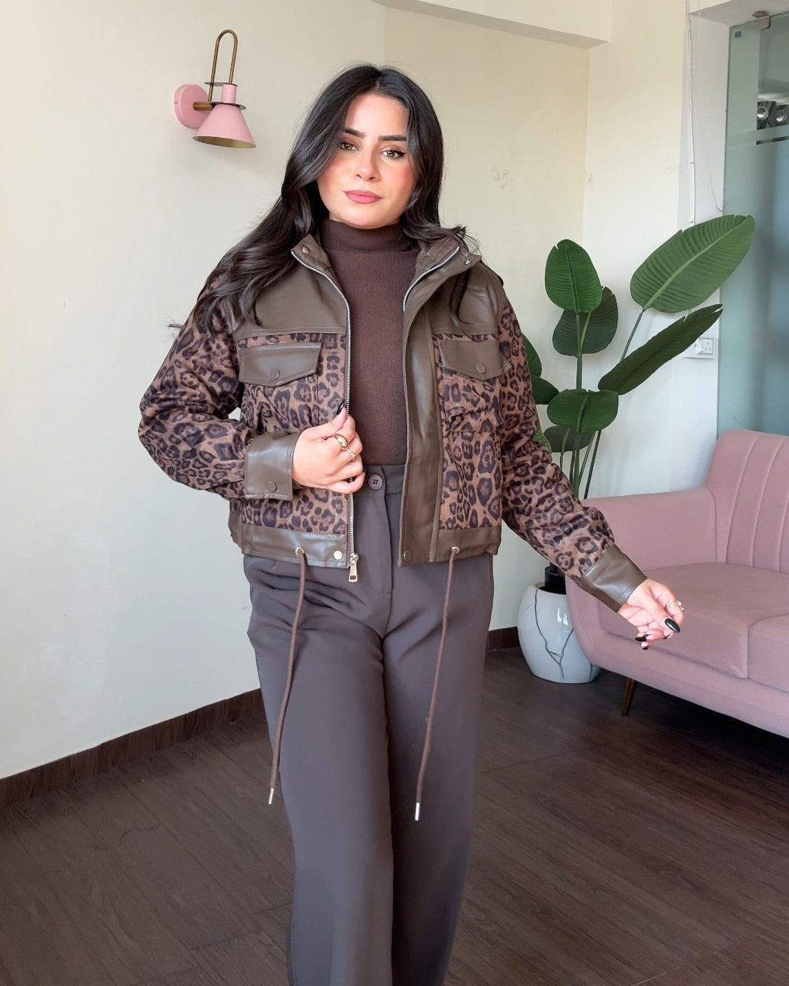 Leather Detailing Cheetah Printed Premium Jacket