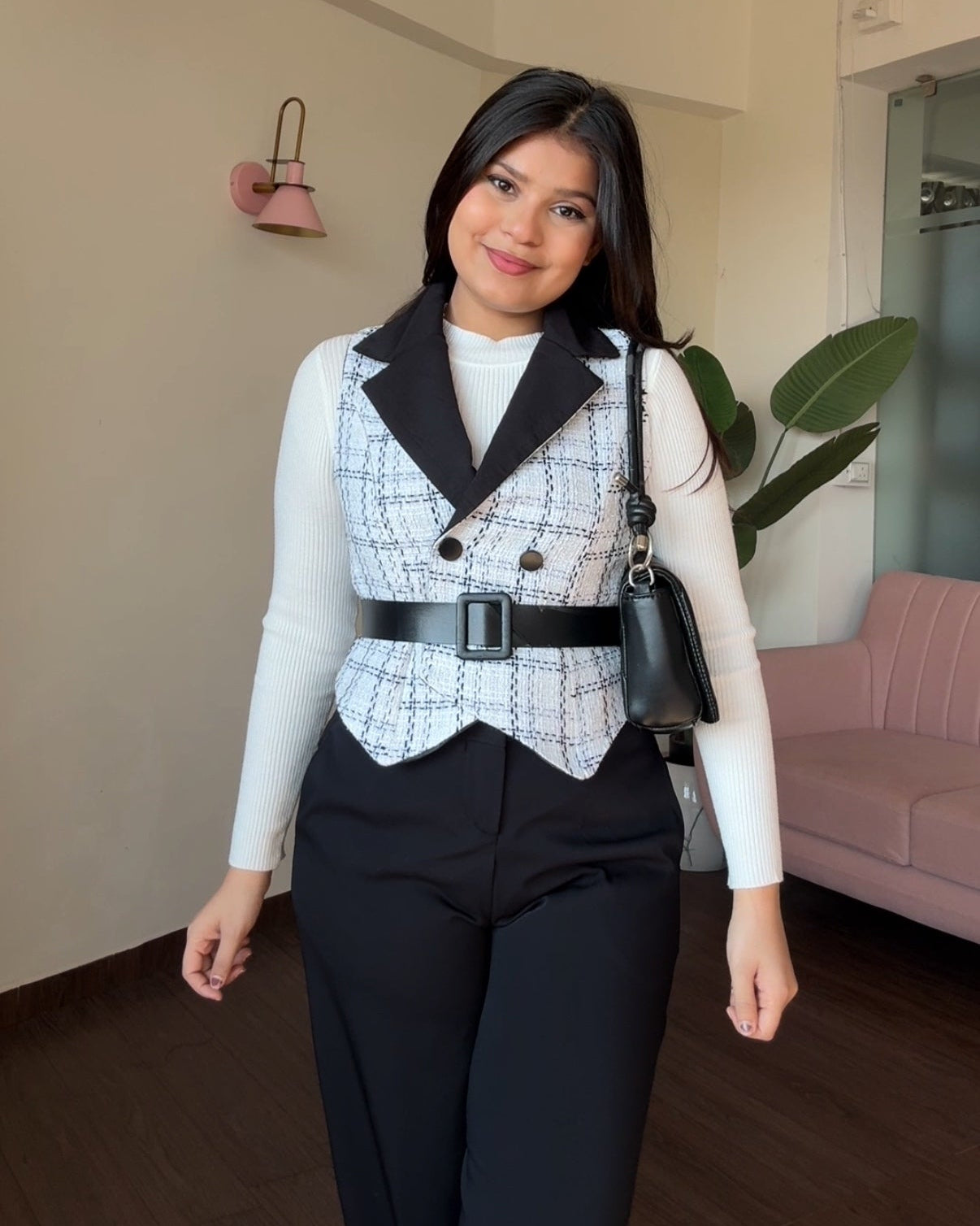 3 Piece Tweed Top With White Ribbed Inner And Belt