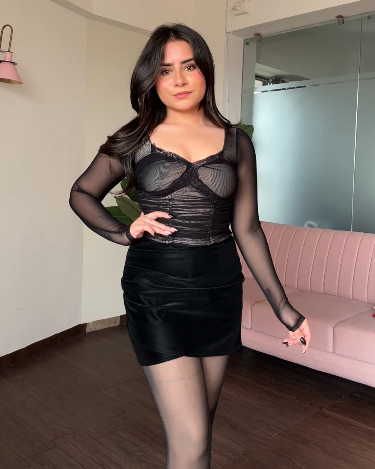 Fitted Lace Detailing Mesh Top