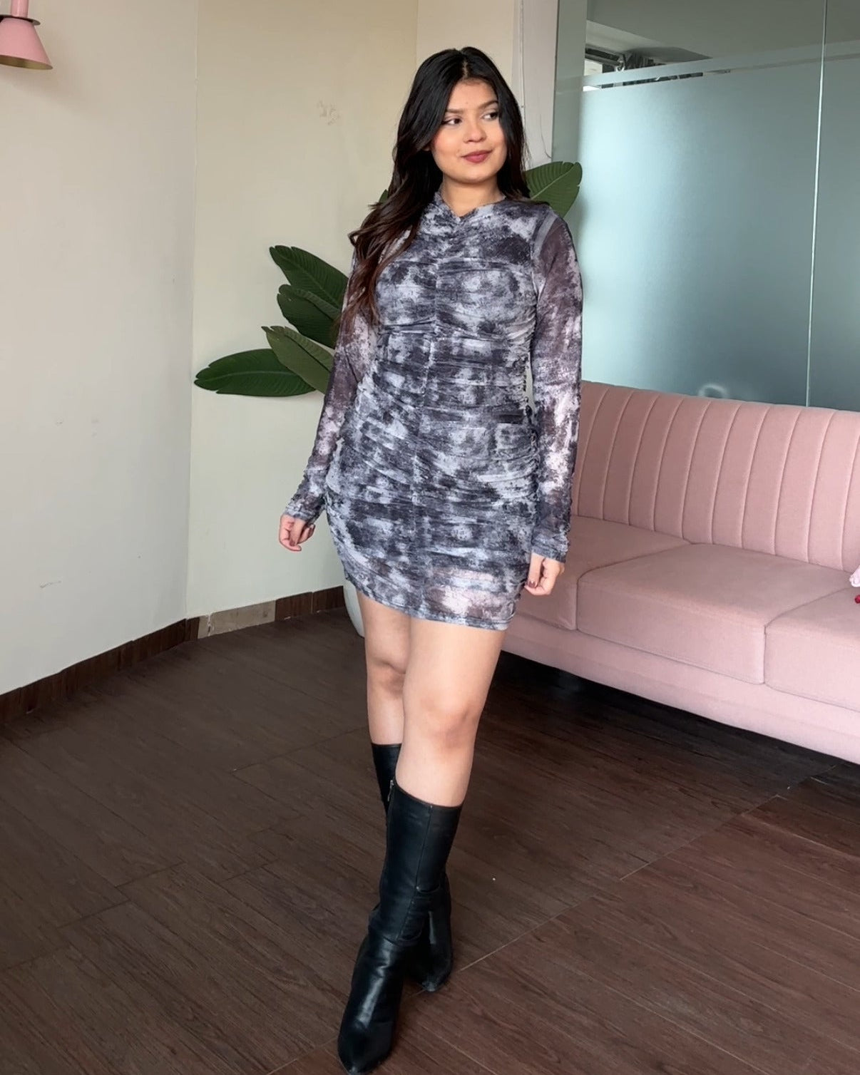 Abstract Ruched Mini Dress