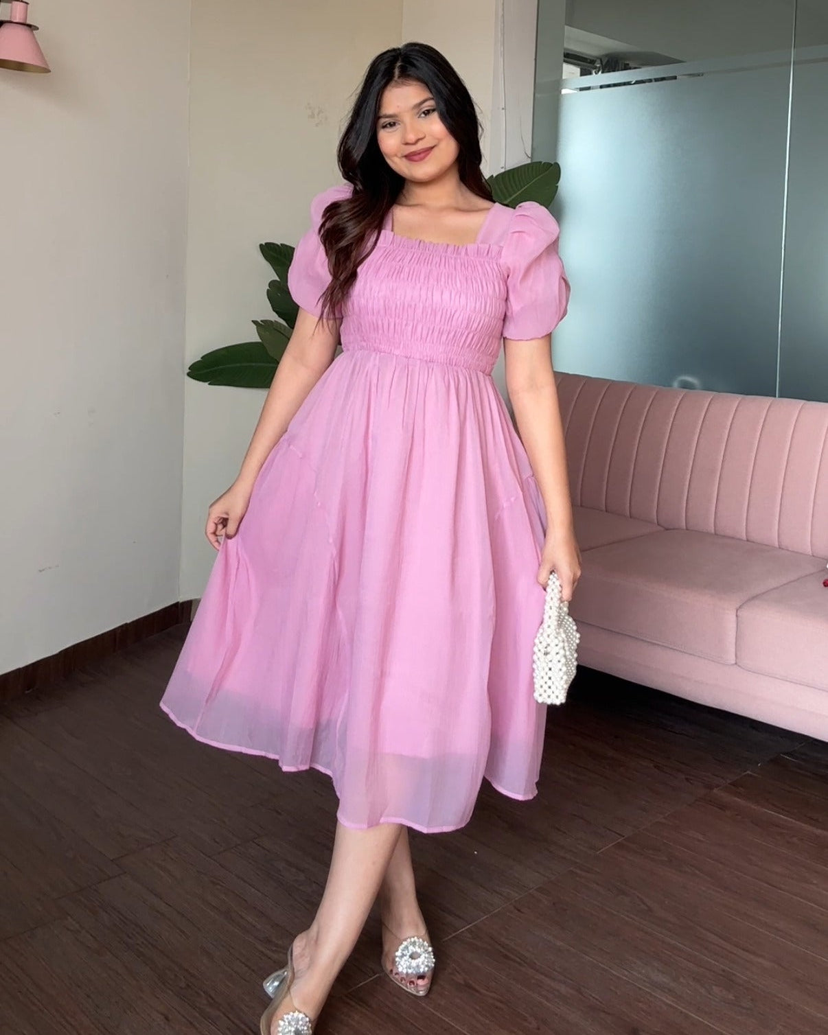 Smocked Puff Sleeve Tissue Organza Dress