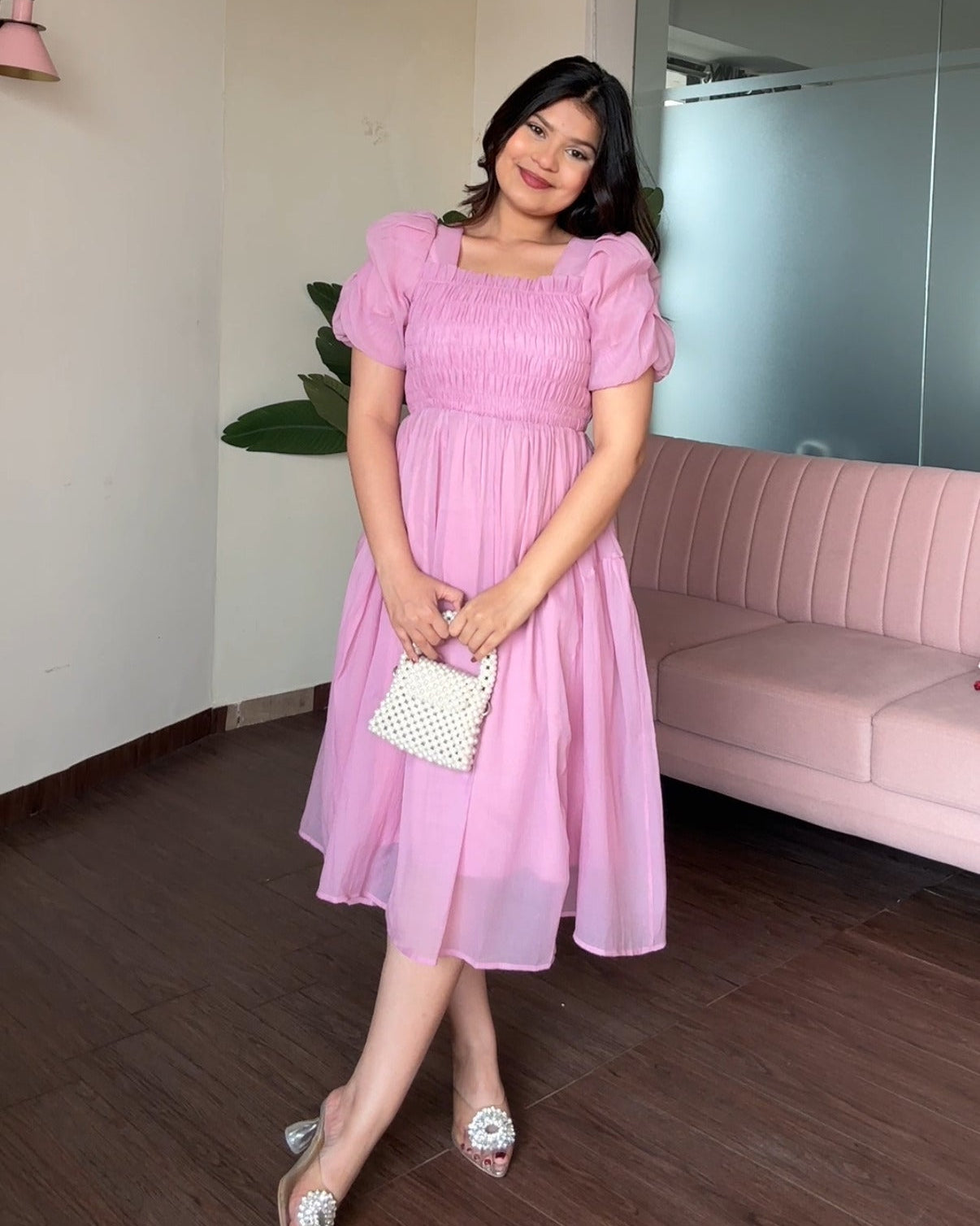 Smocked Puff Sleeve Tissue Organza Dress