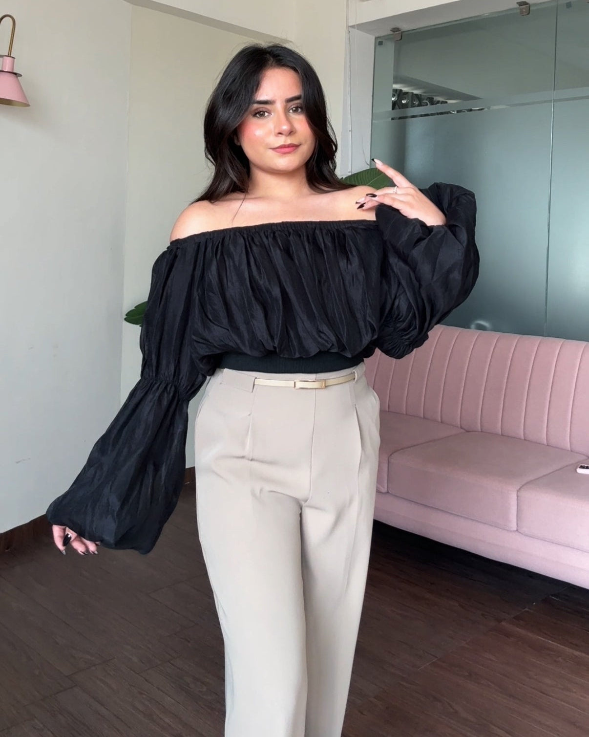 Organza Off Shoulder Balloon Sleeve Top