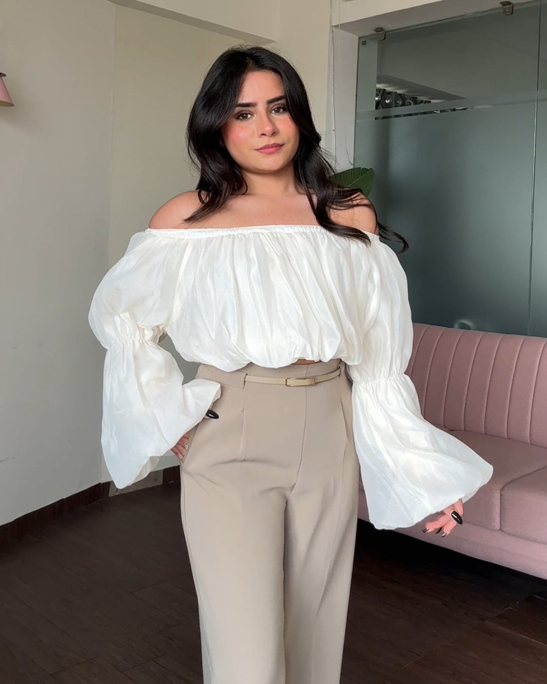 Organza Off Shoulder Balloon Sleeve Top