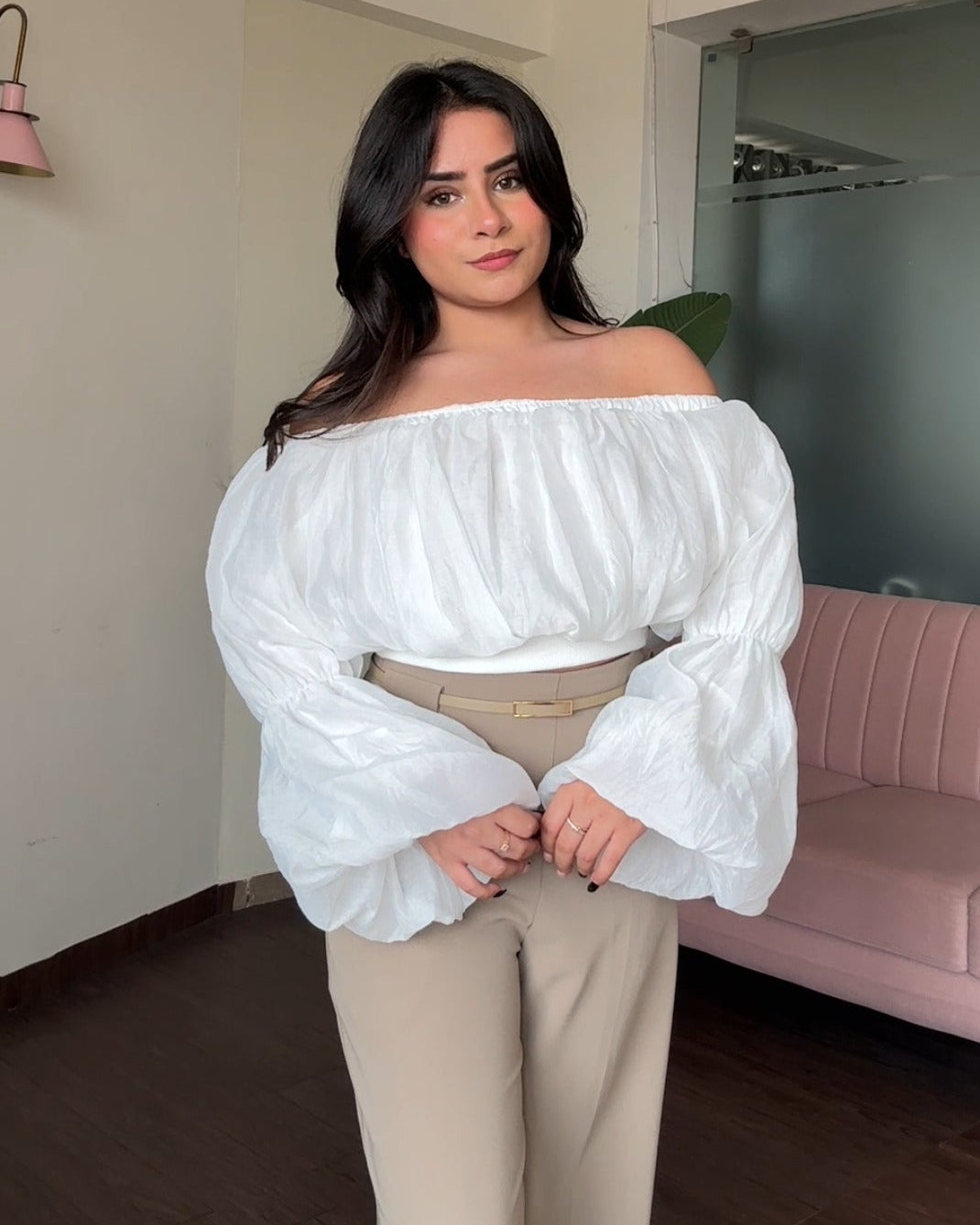 Organza Off Shoulder Balloon Sleeve Top