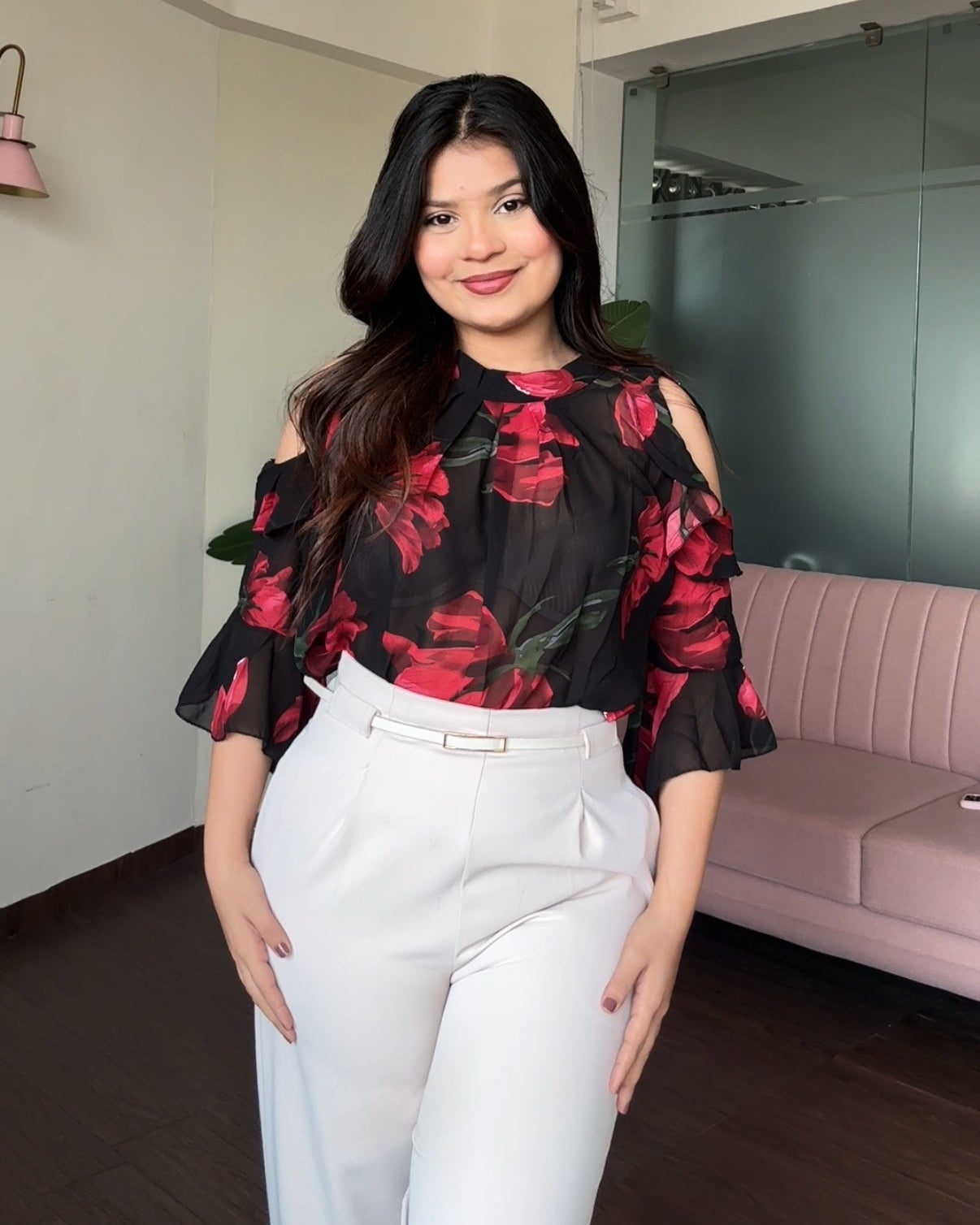 Floral Printed Cold Shoulder Ruffle Blouse